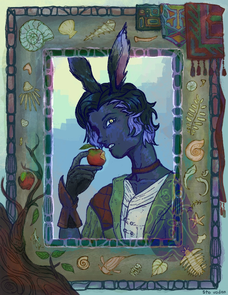 A digital illustration of Erenville— a character from final fantasy xiv. He is a humanoid with bunny ears, striking yellow eyes, dark blue skin, and black hair with ice blue tips. He is holding an apple almost to his lips. An elaborate border frames the drawing. Inside of the border are stylized fossils. In front of the border in the top right corner are layers of elaborately patterned textiles.