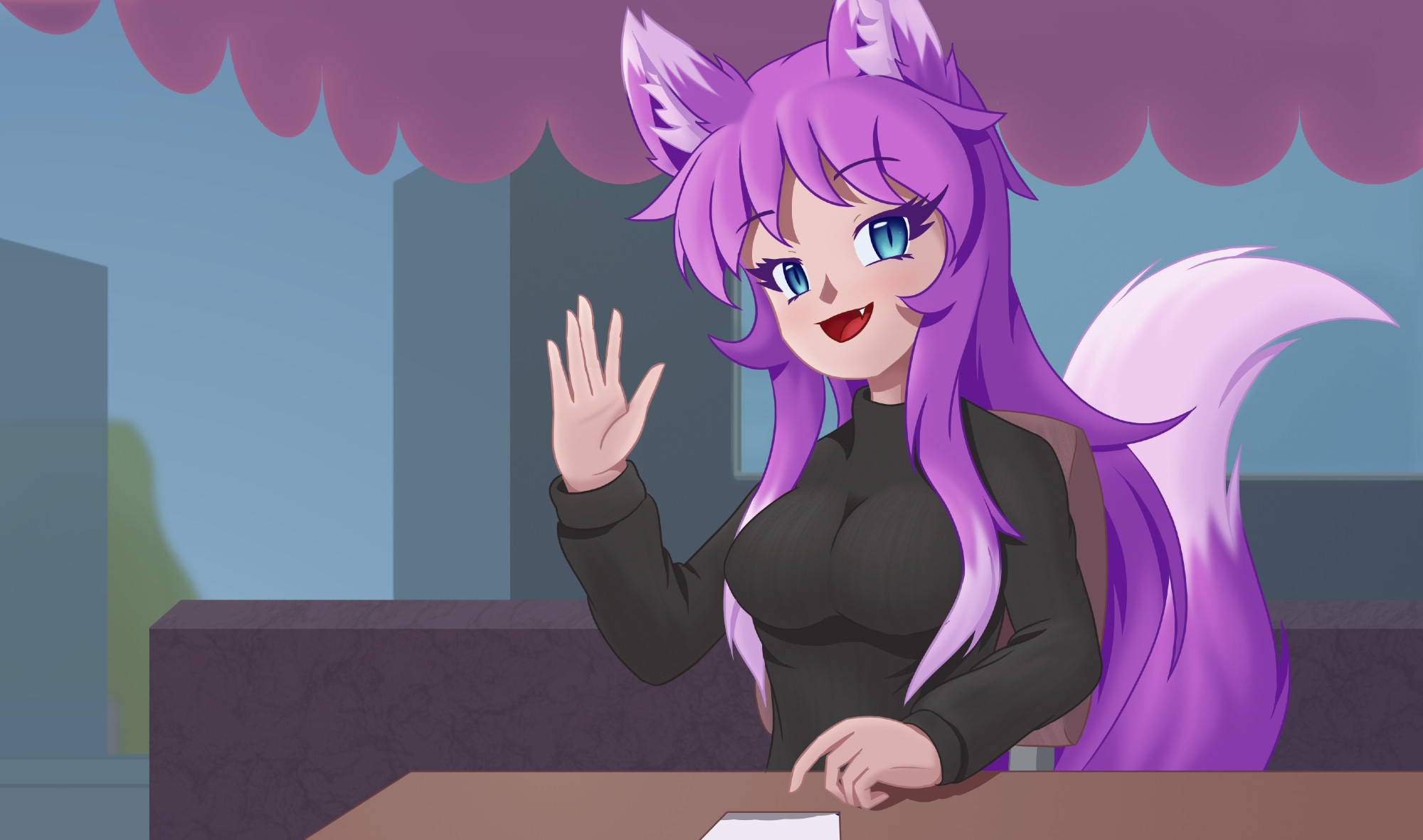 A fox girl with purple hair waves at the camera while sitting at a coffee shop