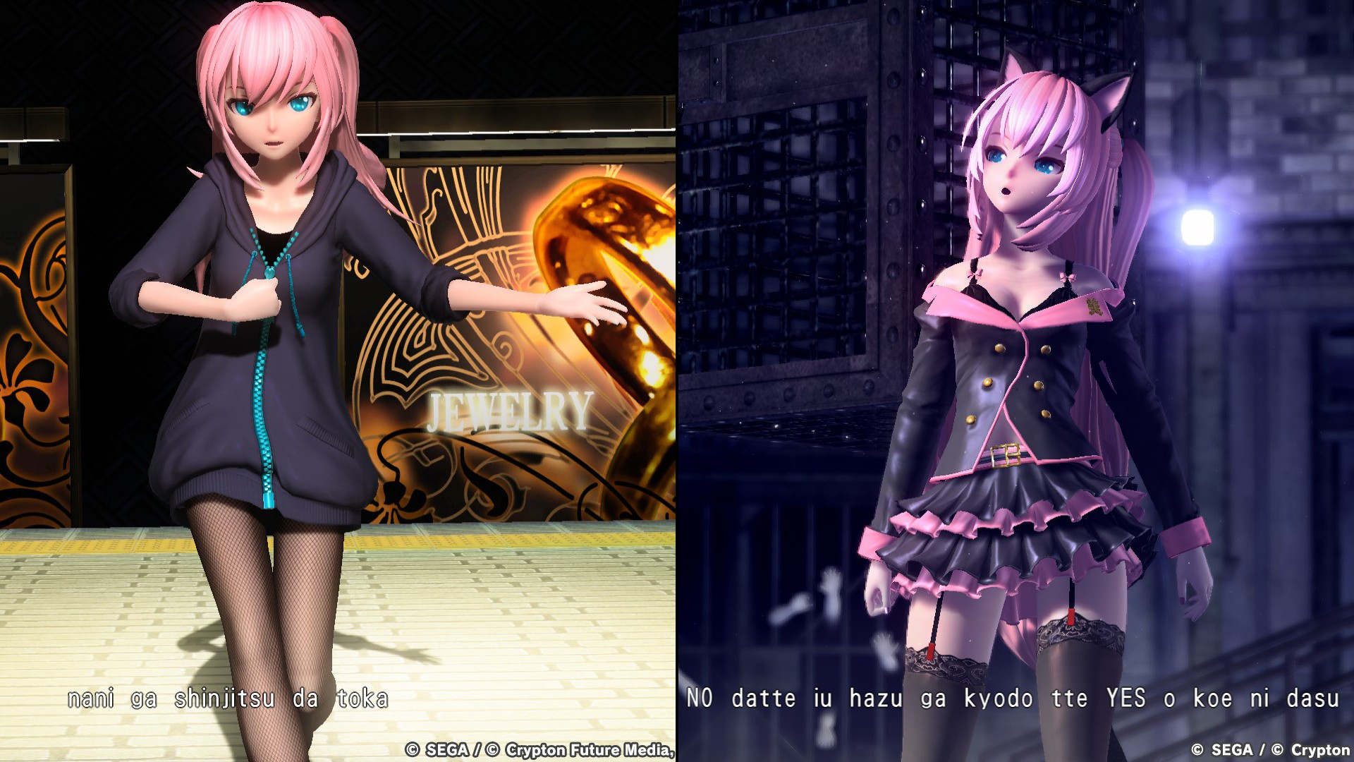 Two screenshots of the game Project diva Megamix, featuring custom outfits