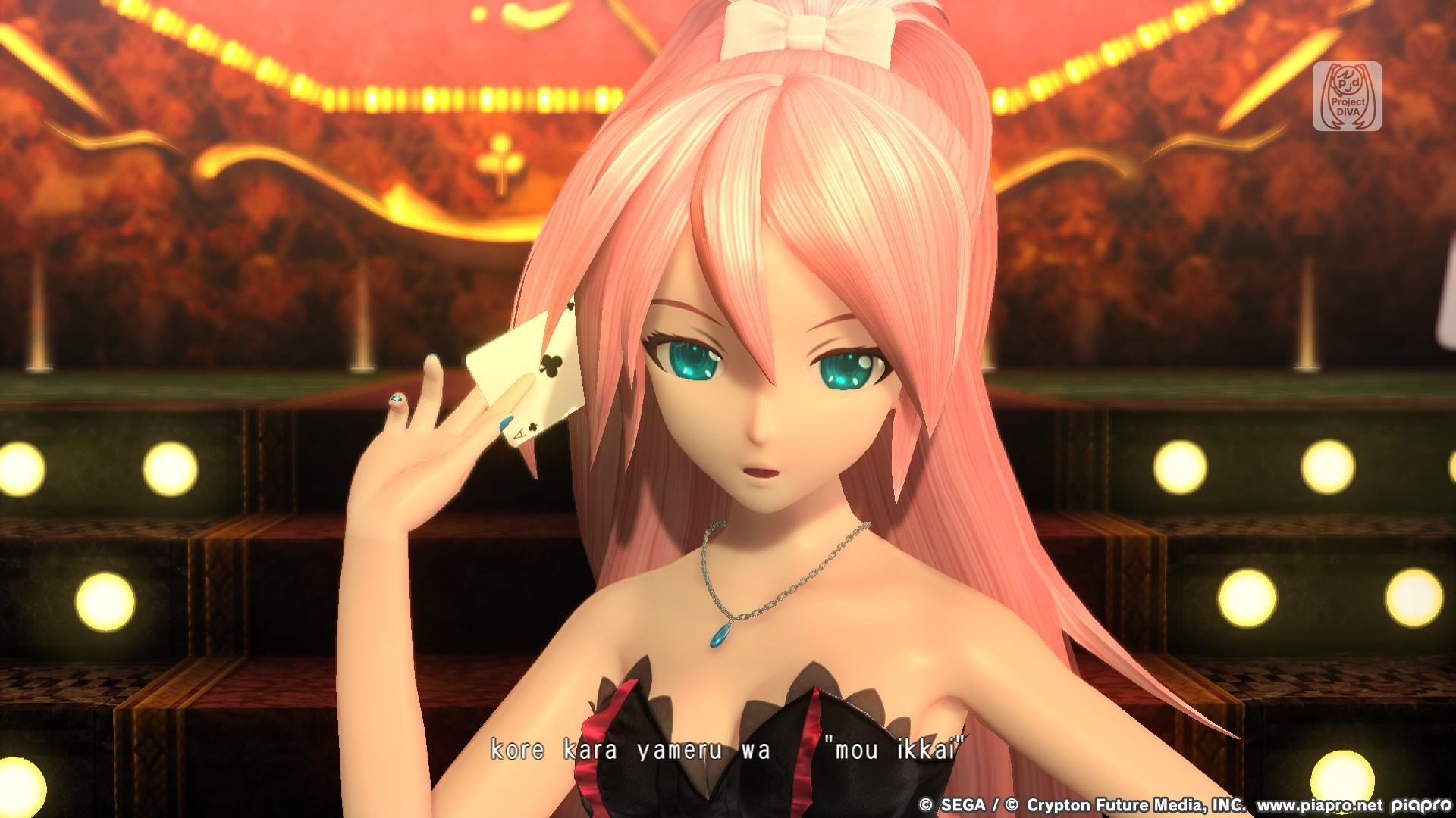 Screenshot of Blackjack PV, with Luka Megurine holding the ace of clubs.