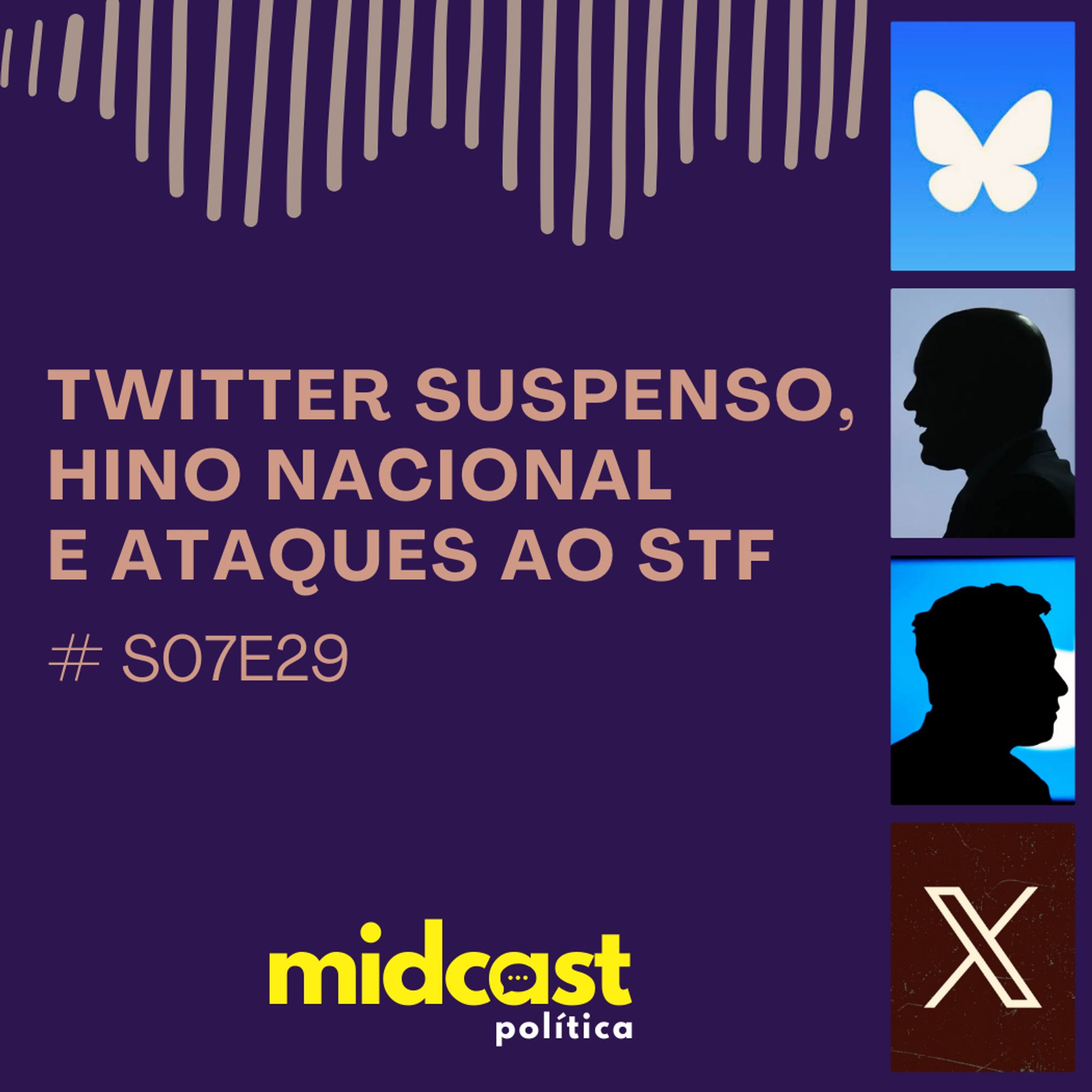 Imagem com fundo roxo e os dizeres: Twitter Suspenso, Hino Nacional e Ataques ao STF. Do lado direito quatro imagens. De cima pra baixo: o logo do BlueSky, a silhueta do Xandão, a silhueta do Kiko do Foguete e a logo do X