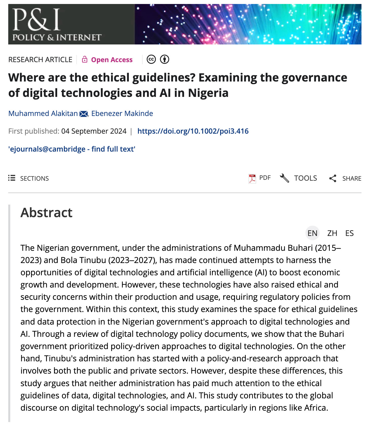 Snapshot of the title and abstract of the journal article titled: “Where are the ethical guidelines? Examining the governance of digital technologies and AI in Nigeria”