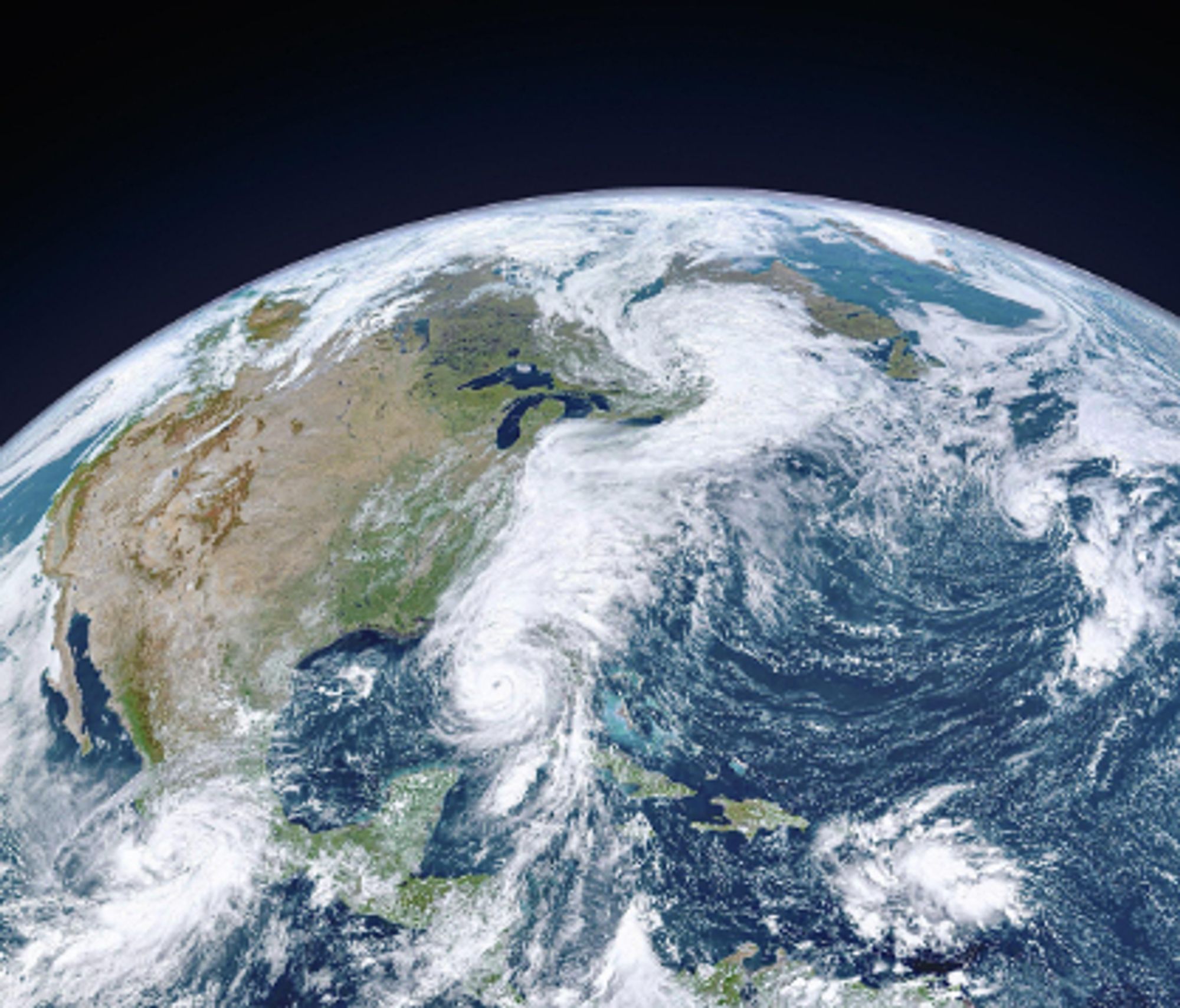 A satellite view of the eastern seaboard showing the storm system covering the entire area.