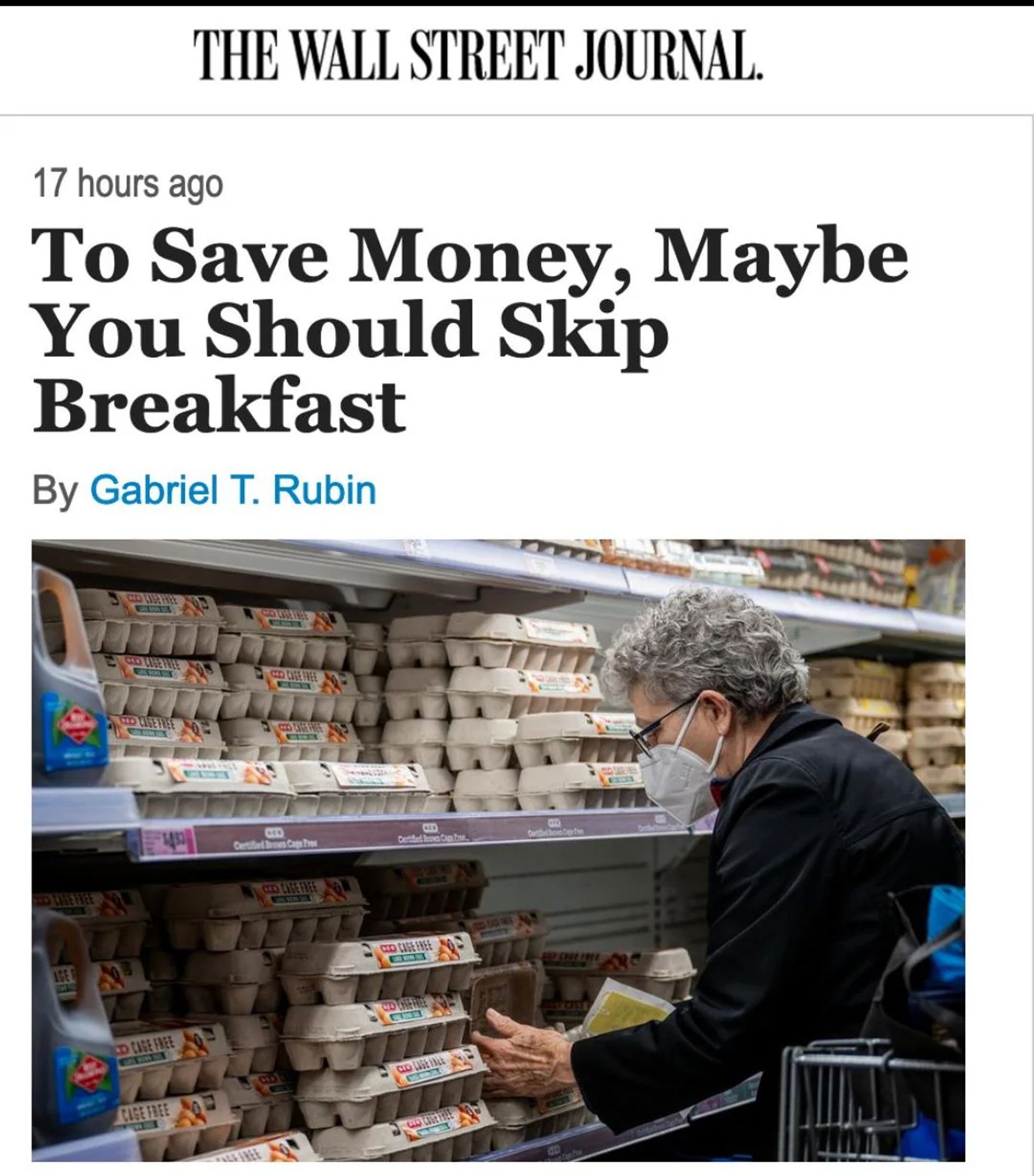 A screenshot of a Wall Street Journal headline saying "To save money, maybe you should skip breakfast."