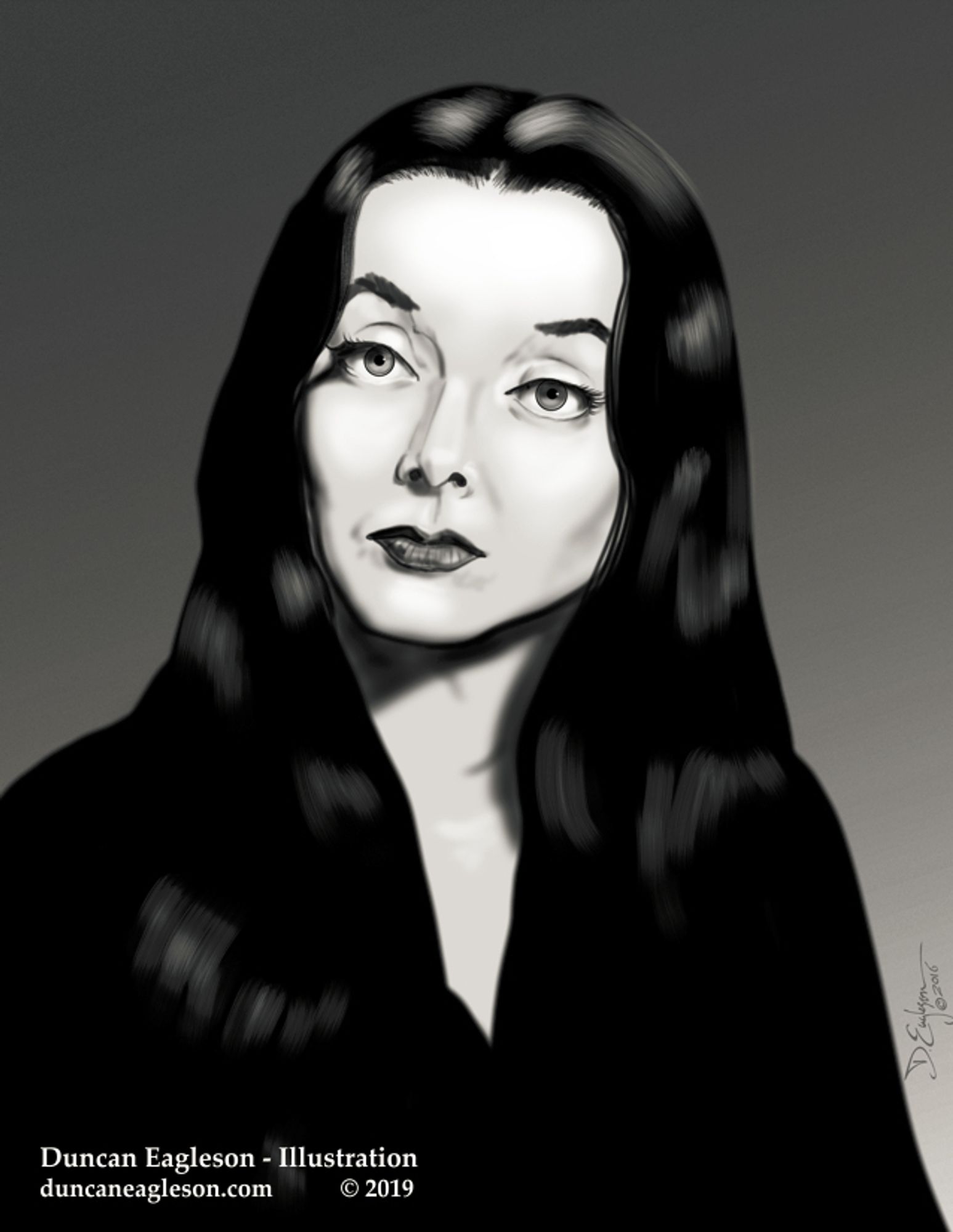 A black & white portrait of Carolyn Jones as Morticia in The Addams Family TV show (1964-1966).  Digital painting by Duncan Eagleson © 2019