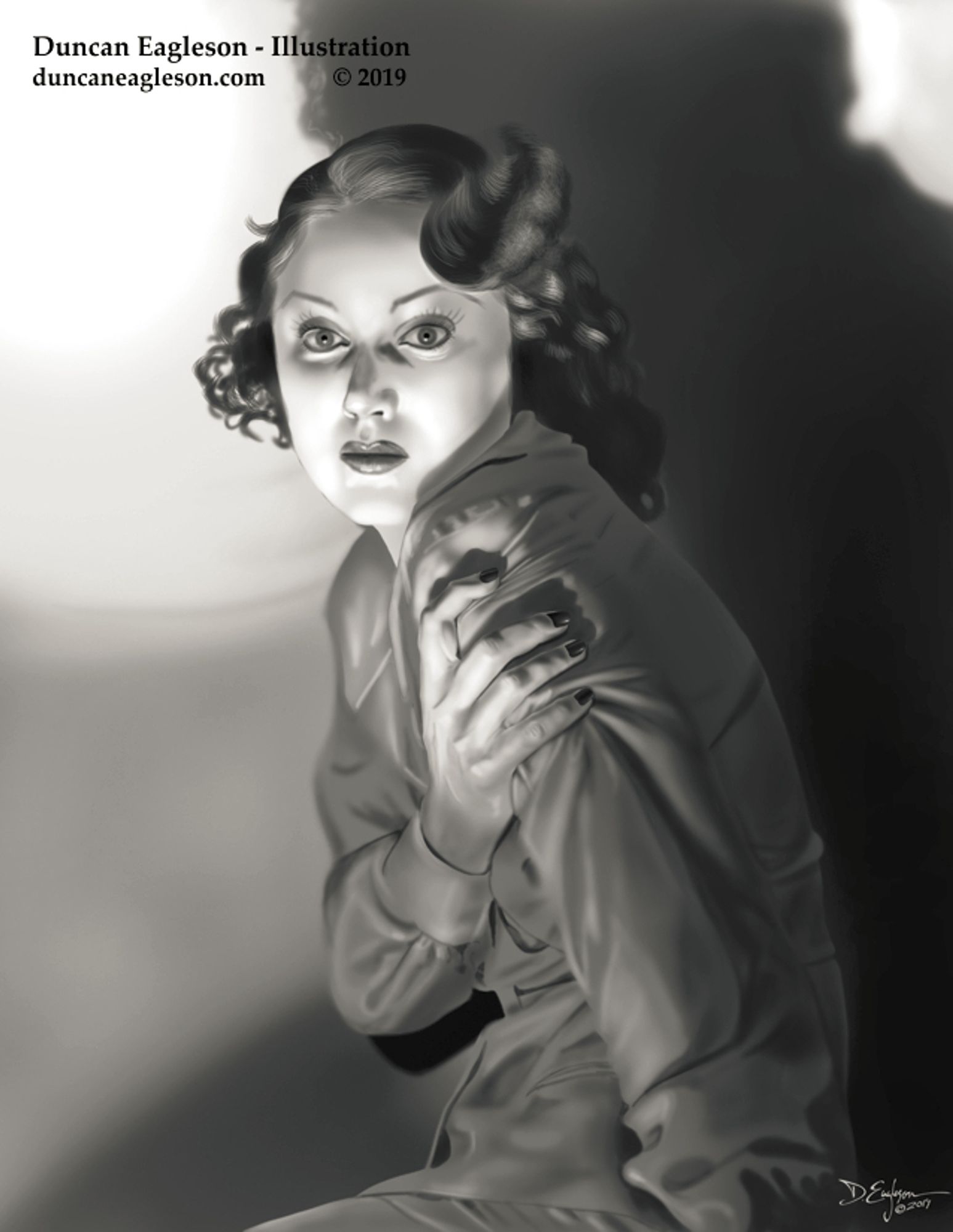 A black &white rendering of Fay Wray,) the original "scream queen," famous for her role in King Kong (1933).  Digital painting by Duncan Eagleson © 2019