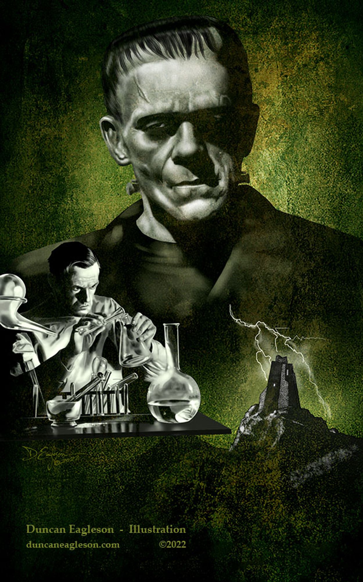 Against a greenish textured background, Boris Karloff in Jack Pierce's iconic makeup as Frankenstein's Creature dominates above.  Below left, Colin Clive as Henry Frankenstein works at a lab table, below right the watchtower that contains his laboratory is silhouetted by a lightning strike.  Digital painting by Duncan Eagleson ©2022