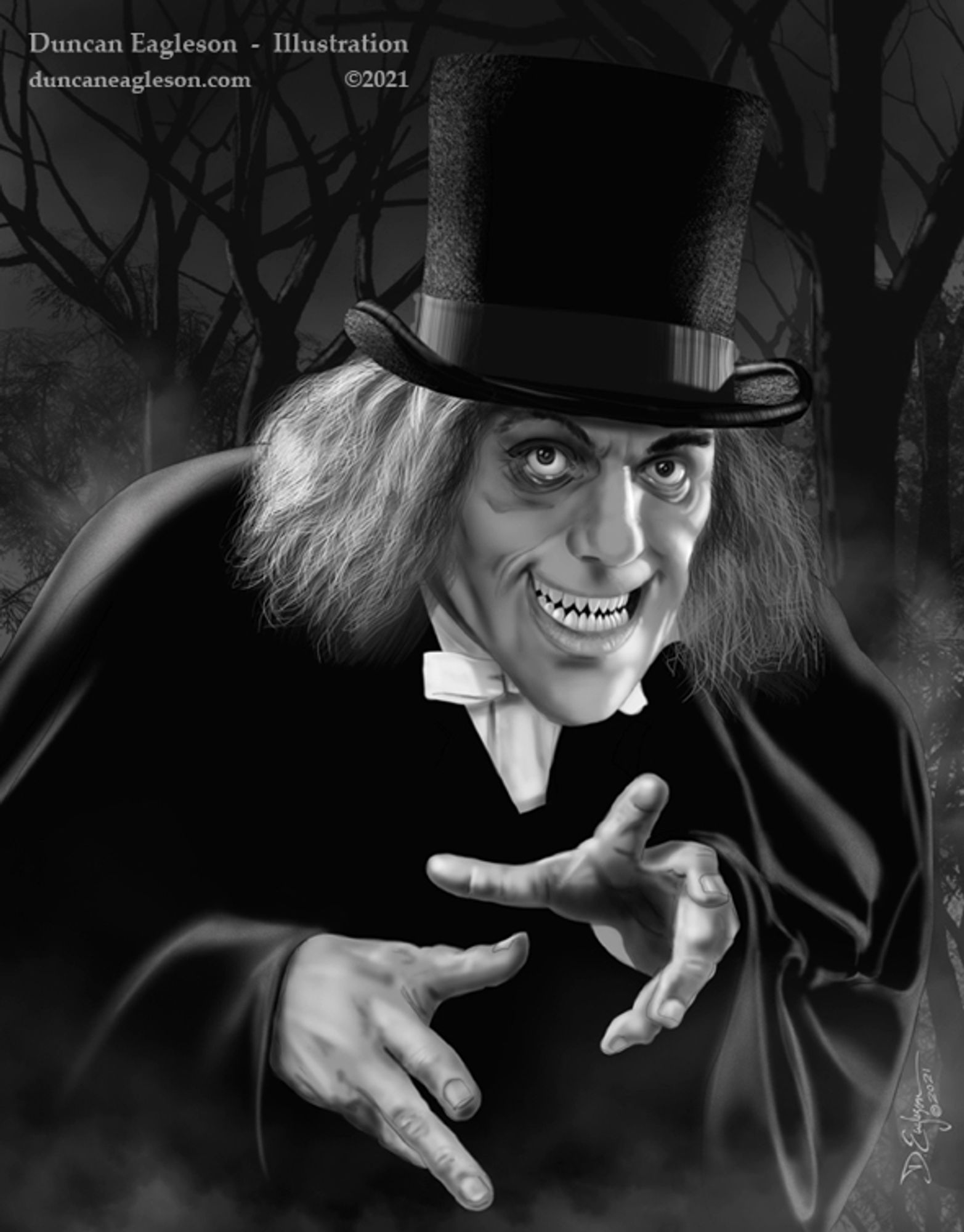 A black &white rendering of Lon Chaney Sr. in the lost silent film London After Midnight (1927).  Digital painting by Duncan Eagleson © 2021