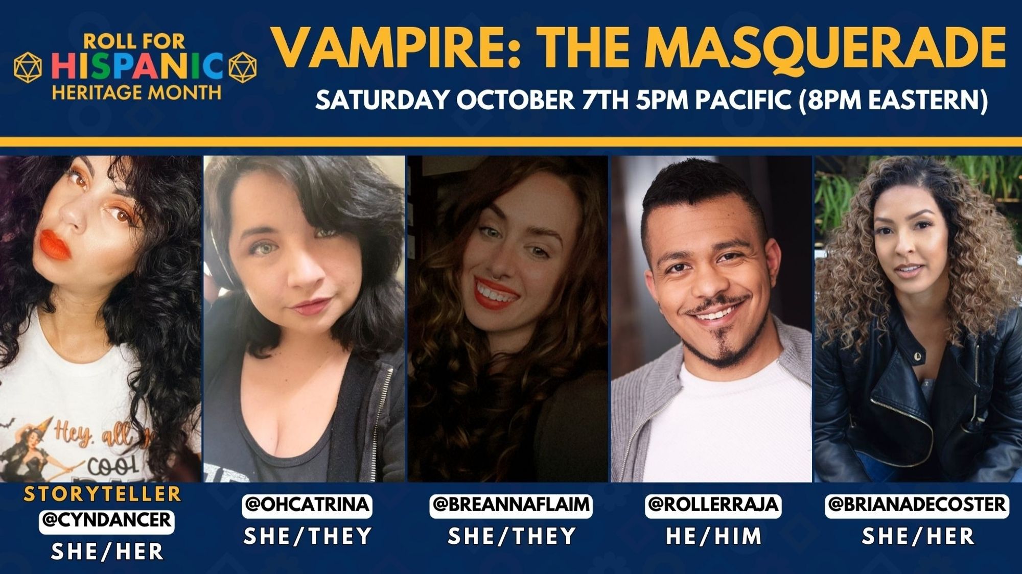 Just look at this amazing group playing Vampire the Masquerade on Saturday October 7th at 5pm Pacific! Let's go!

Storyteller: @Cyndancer 

Players:
@ohcatrina, @breannaflaim, @rollerraja and @BrianaDeCoster