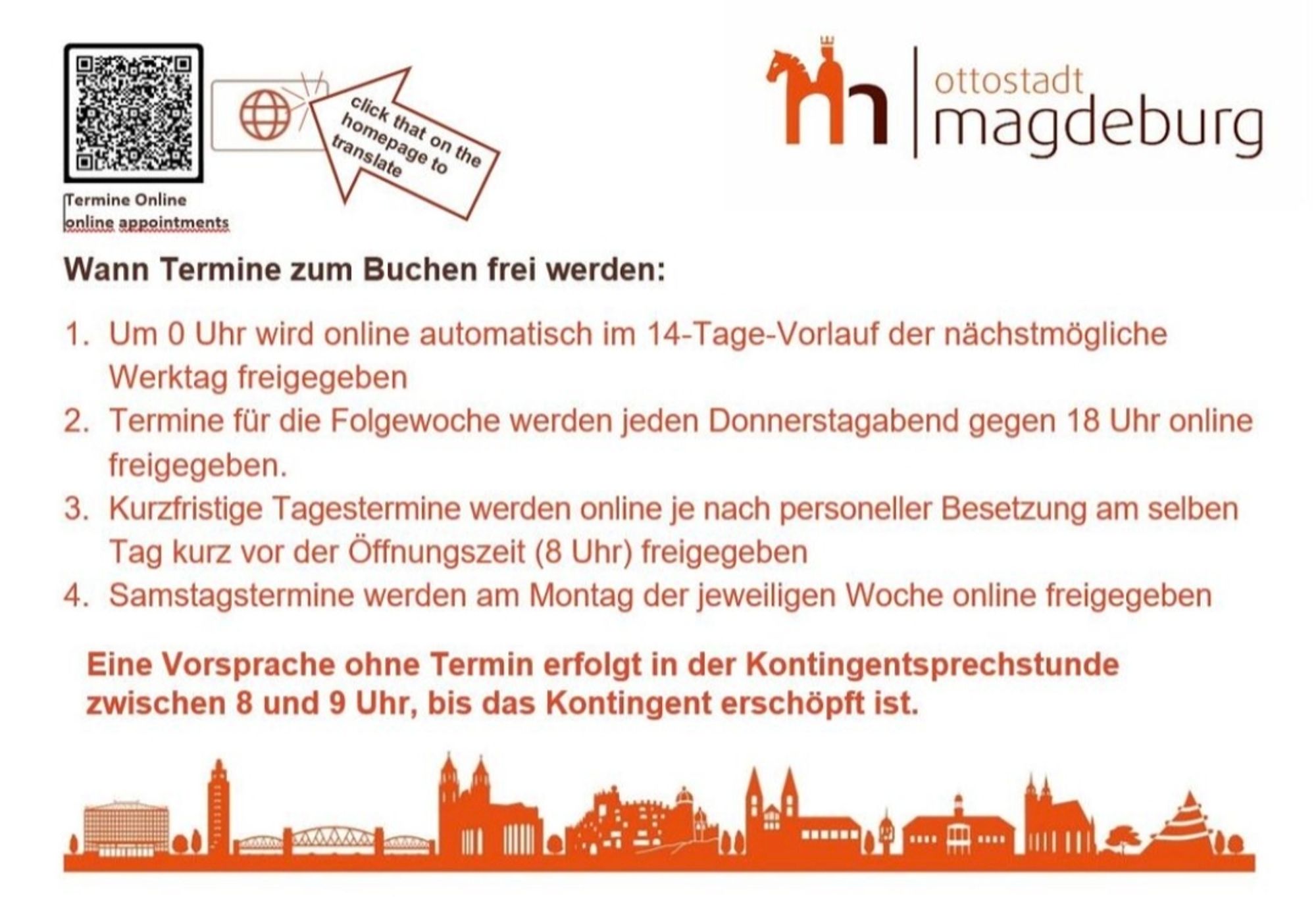 Ein umfangreiches Regelwerk der Stadt Magdeburg, das angibt, zu welchen unterschiedlichen Zeiten mehrmals pro Woche Termine im Bürgerbüro freigegeben werden.