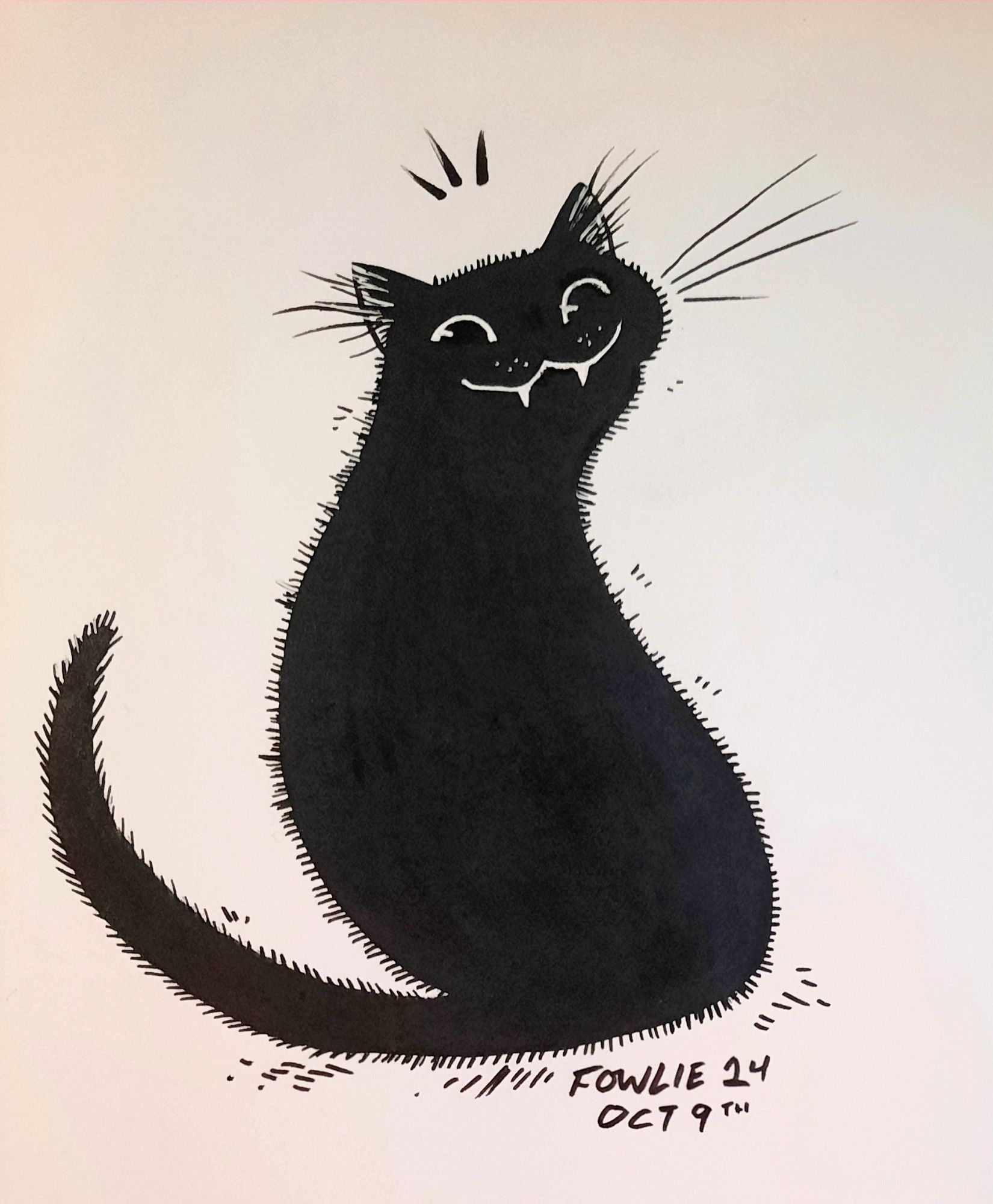 An ink drawing of a fuzzy black cat looking over her shoulder with a sweet smile and fangs.