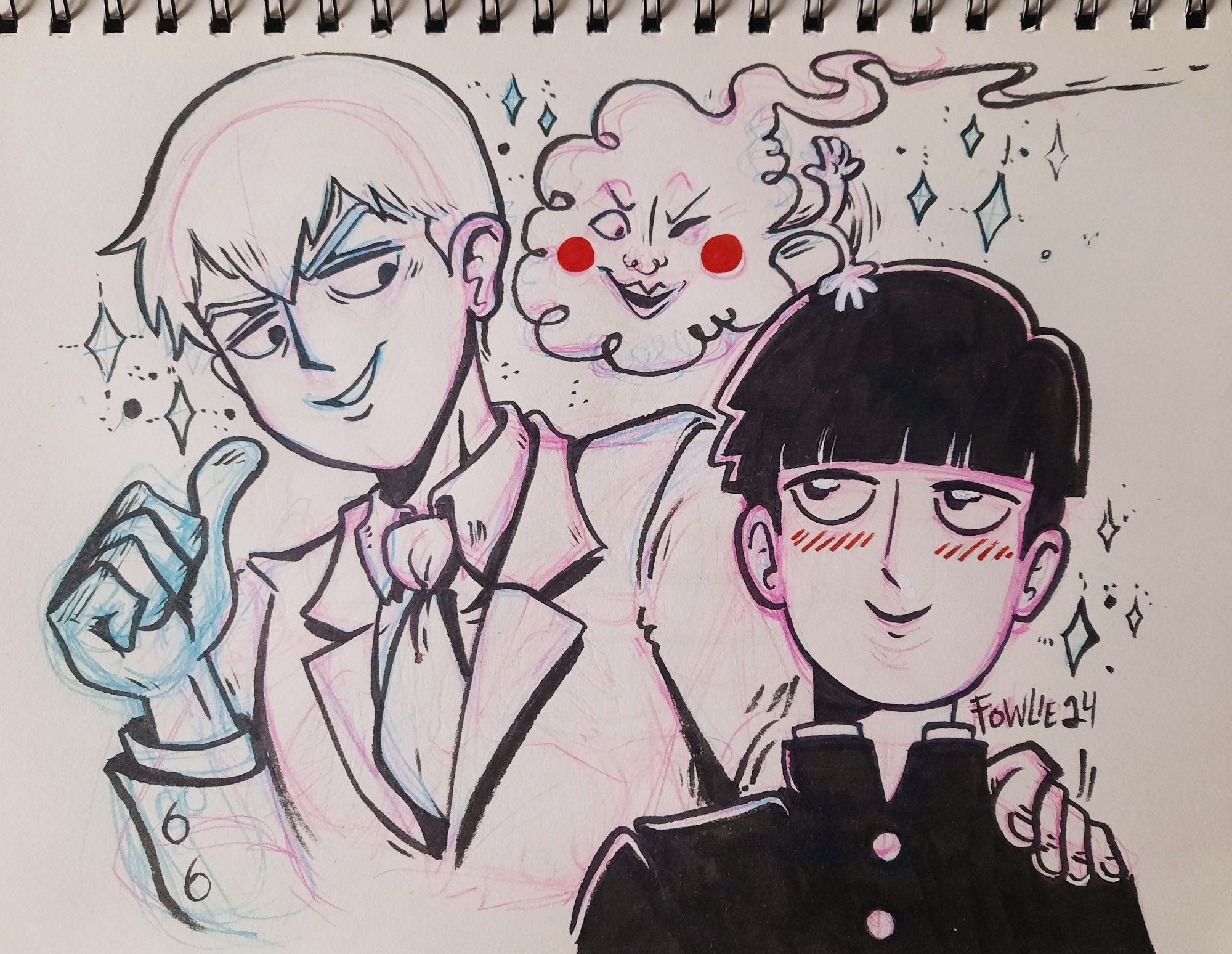 An inked drawing of Reigen, Dimple and Mob from Mob Phsycho 100