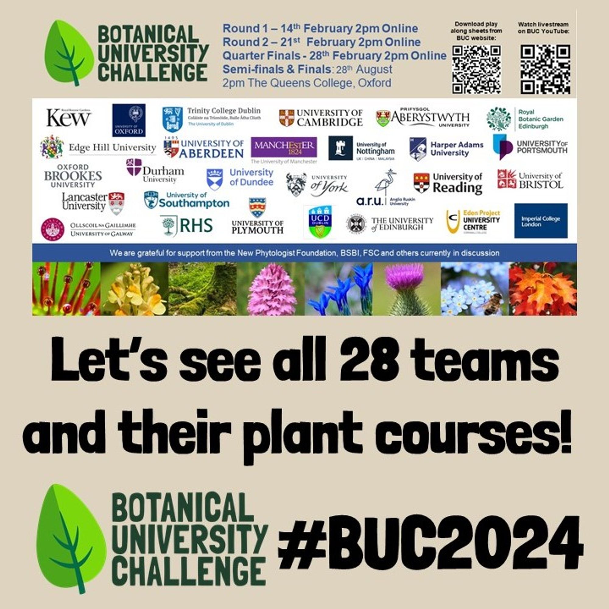 Logos of teams, QR codes to streaming site and for play along sheets at website https://botanicaluniversitychallenge.co.uk/watch-buc-2024-online/