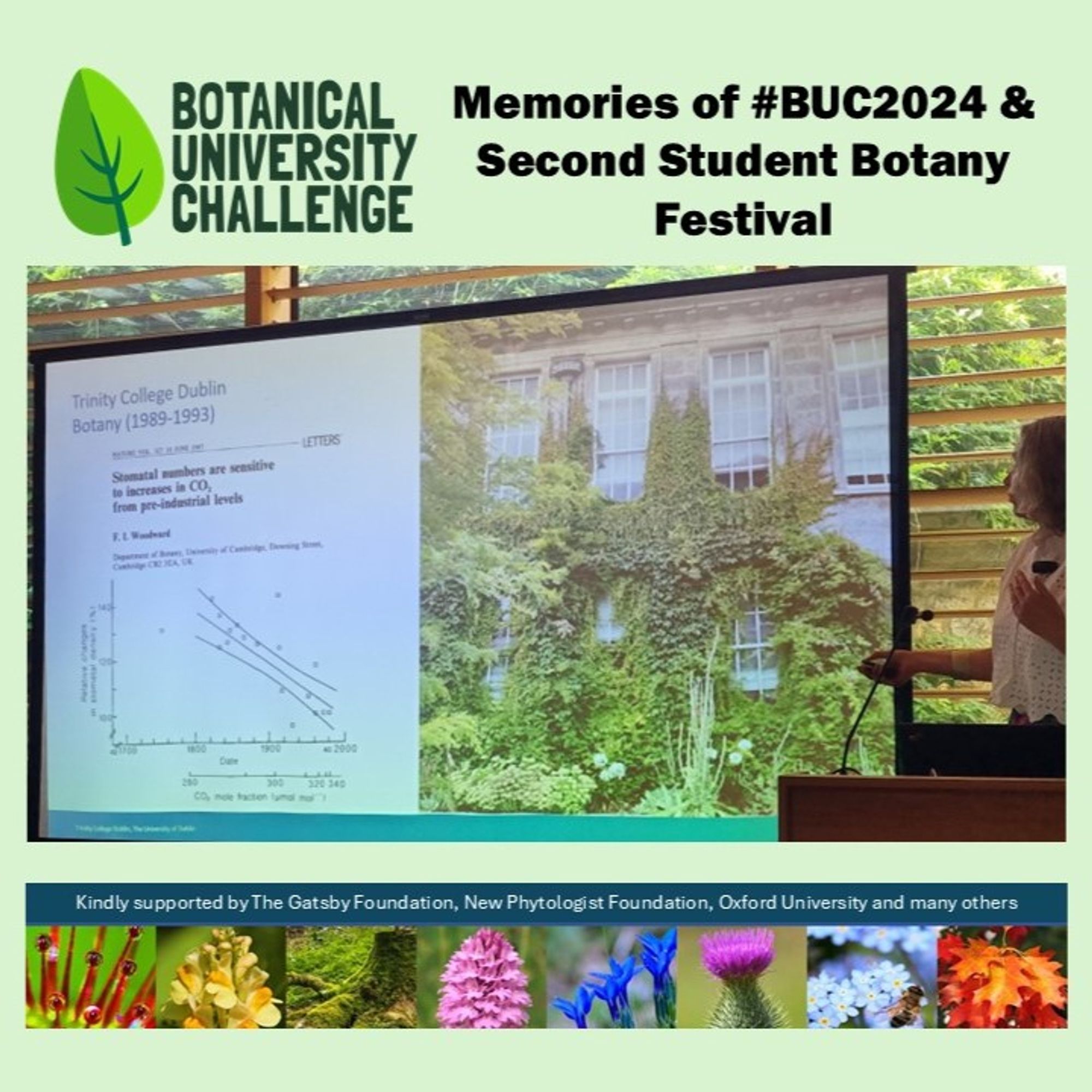 Woman talking with slide of graph stomatal number versus atmospheric carbon dioxide levels, and picture of plant entwined building of Botany Department at Trinity College Dublin.