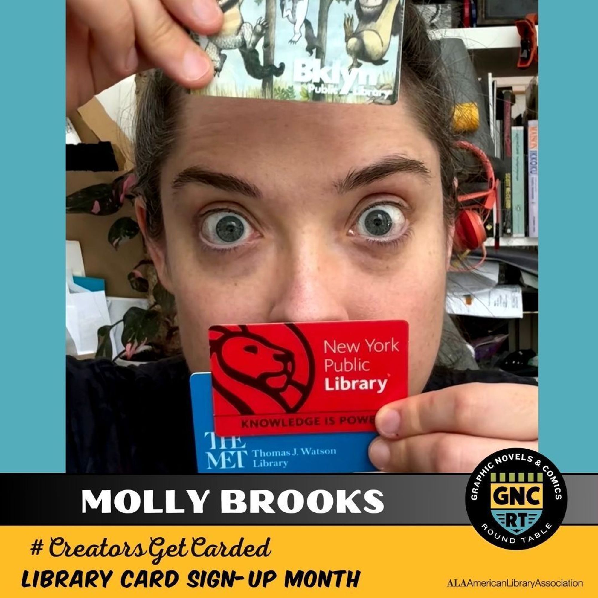 Illustrator Molly Books holding three library cards from Brooklyn Public Library, New York Public Library, and The Met's Thomas J. Watson Library. 