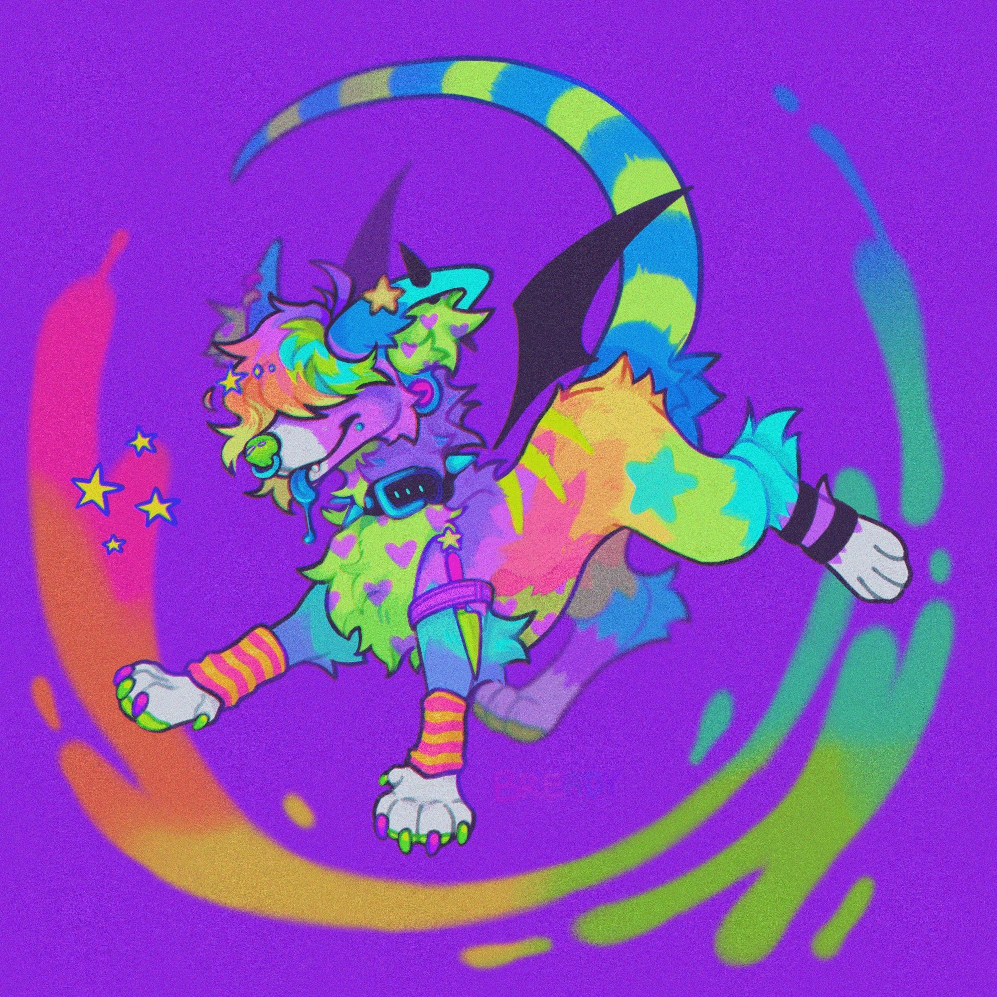 A drawing of a brightly colored canine character against a purple background with a rainbow-colored splash. 
The character has lots of colorful patterns and a bunch of piercings.