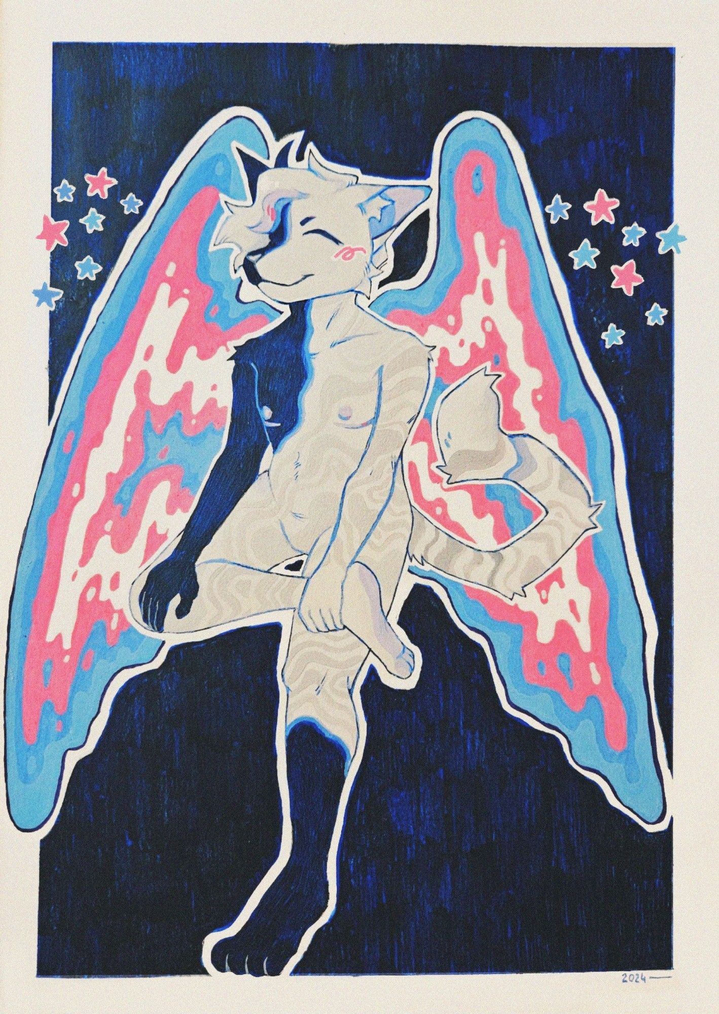 A traditional drawing of an anthro cat. The character is sitting on an invisible surface and looking up with a smile. He has wings that are colored in a way to resemble the trans flag. The cat has some black spots on his otherwise white body. On his chest, top surgery scars are slightly visible.