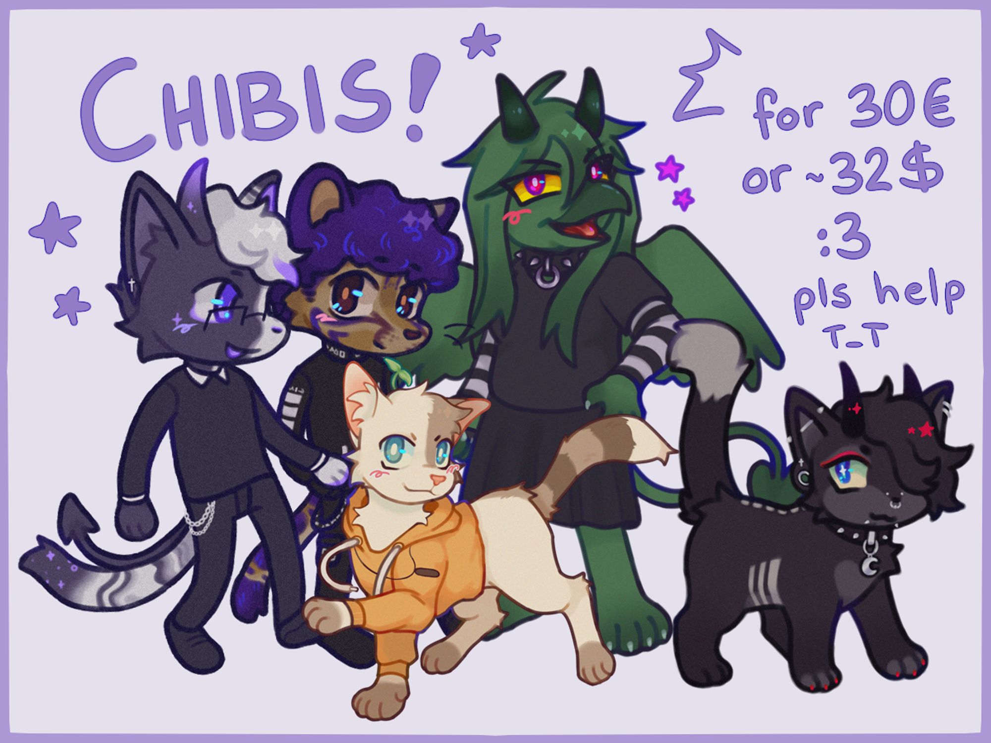 A small collage depicting various chibi drawings of furry characters. The text on the image says "Chibis for 30€ or 32$, please help".