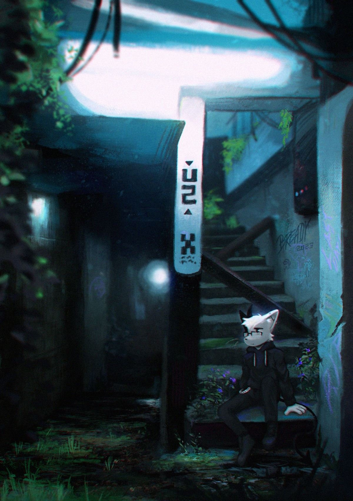 A painting of an anthro cat sitting on the stairs of an abandoned building. The character is half black / half white with one black horn. He is wearing dark baggy clothes and glasses. Some chains can be seen dangling from his pants.
The area surrounding him is falling apart, but the lights still work, giving the painting an eerie glow. Everything is overgrown with plants and flowers.