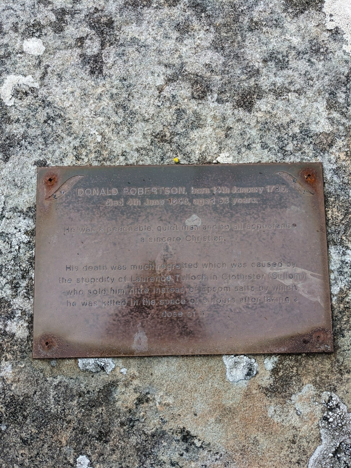 A photo of a metal plaque on a gravestone in Shetland, which replicates the text carved into the stone but eroded by the elements. It reads:  

DONALD ROBERTSON, born 14th January 1785. died 4th June 1843 aged 63 years

He was a peaceable, quiet man and to all appearance a sincere Christian.

His death was much regretted which was caused by the stupidity of Laurence Tulloch in Clothister (Sullom) who sold him nitre instead of Epsom salts by which he was killed in the space of 5 hours after taking a dose of it.