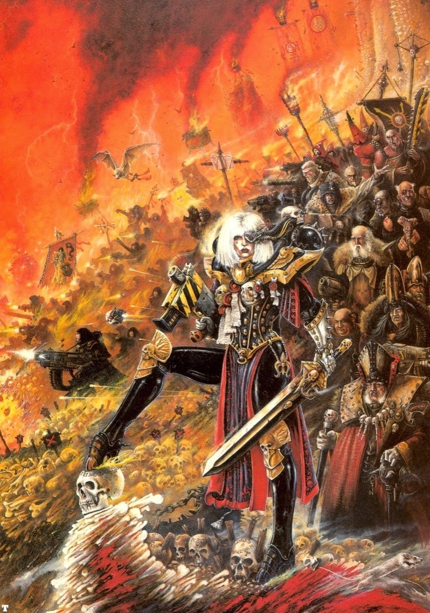 A legendary painting by John Blanche of a Sister of Battle for Games Workshop, in his usual grimdark style. She is wearing ridiculously over the top armour including skulls for boob cover. She is holding a sword and pistol. Behind her are a horde of weird religious fighters, and in the distance are more Sisters of Battle. She does look quite a bit like Debbie Harry. She is standing on a pile of skulls, because this is Games Workshop.