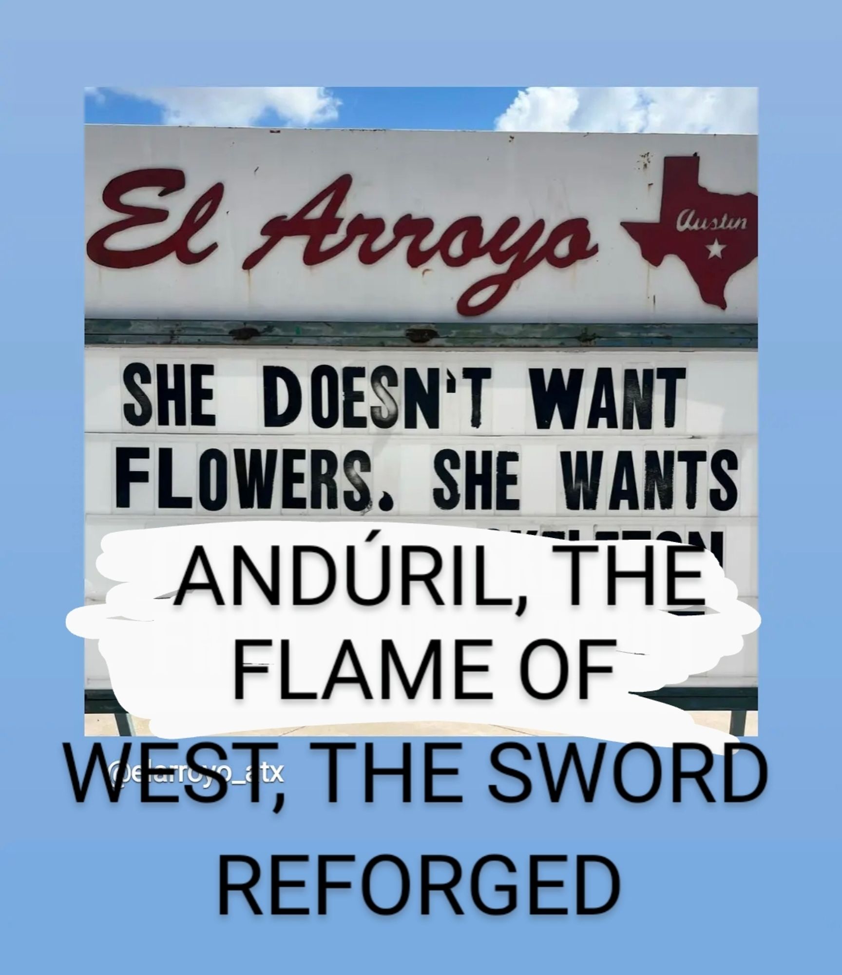 A sign that said "she doesn't want flowers, she wants the 12ft skeleton from home depot" edited to say "she doesn't want flowers, she wants Andúril, the Flame of the West, the Sword Reforged