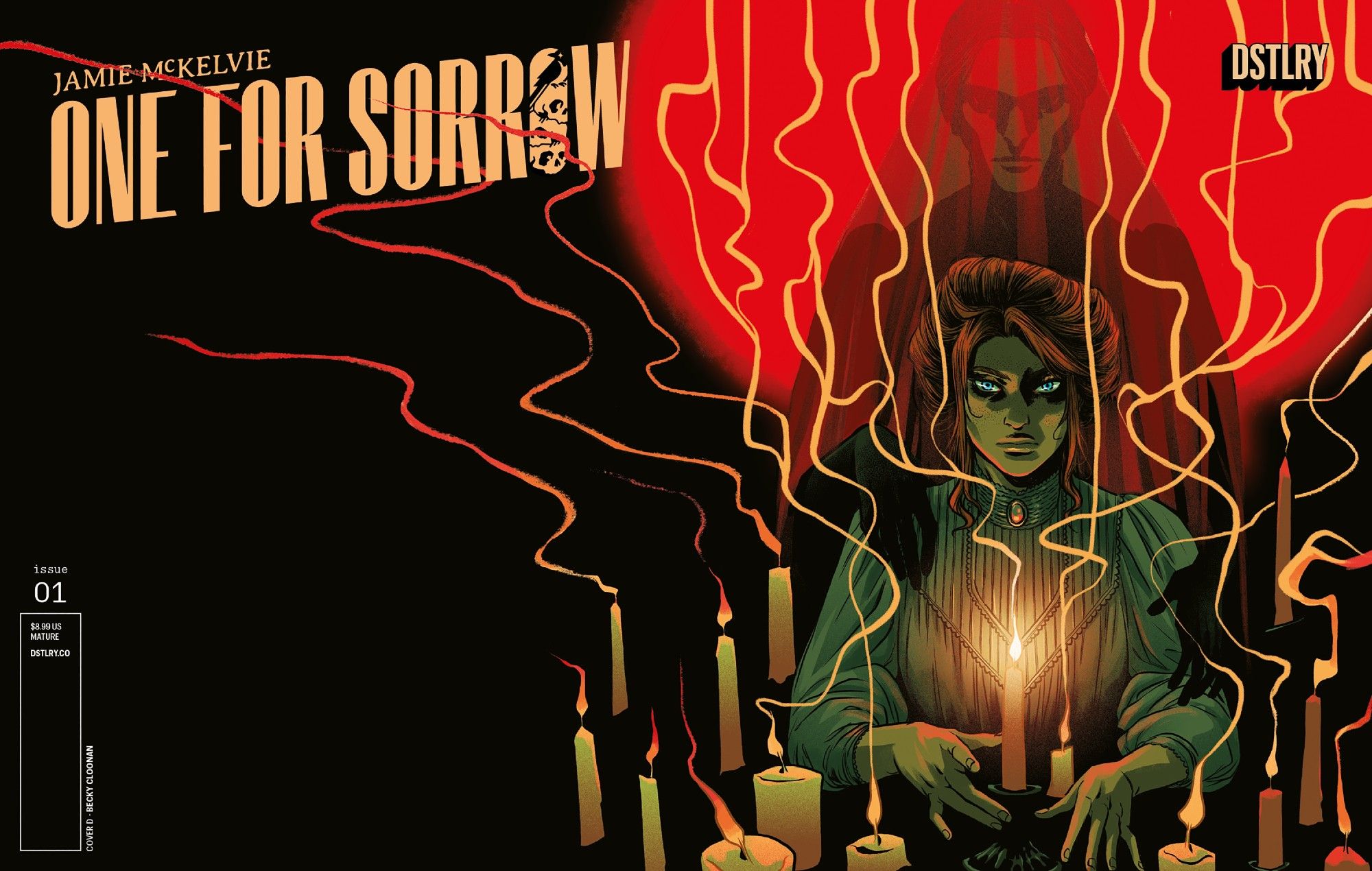 Variant cover D for ONE FOR SORROW #1 by Becky Cloonan. Bess is sat in front of a table filled with candles, and the ghostly image of Madame Hendrikov, spirit medium, stands behind her, hands on her shoulders. Madame Hendrikov is dressed in old-fashioned mourning wear, a veil covering her face.