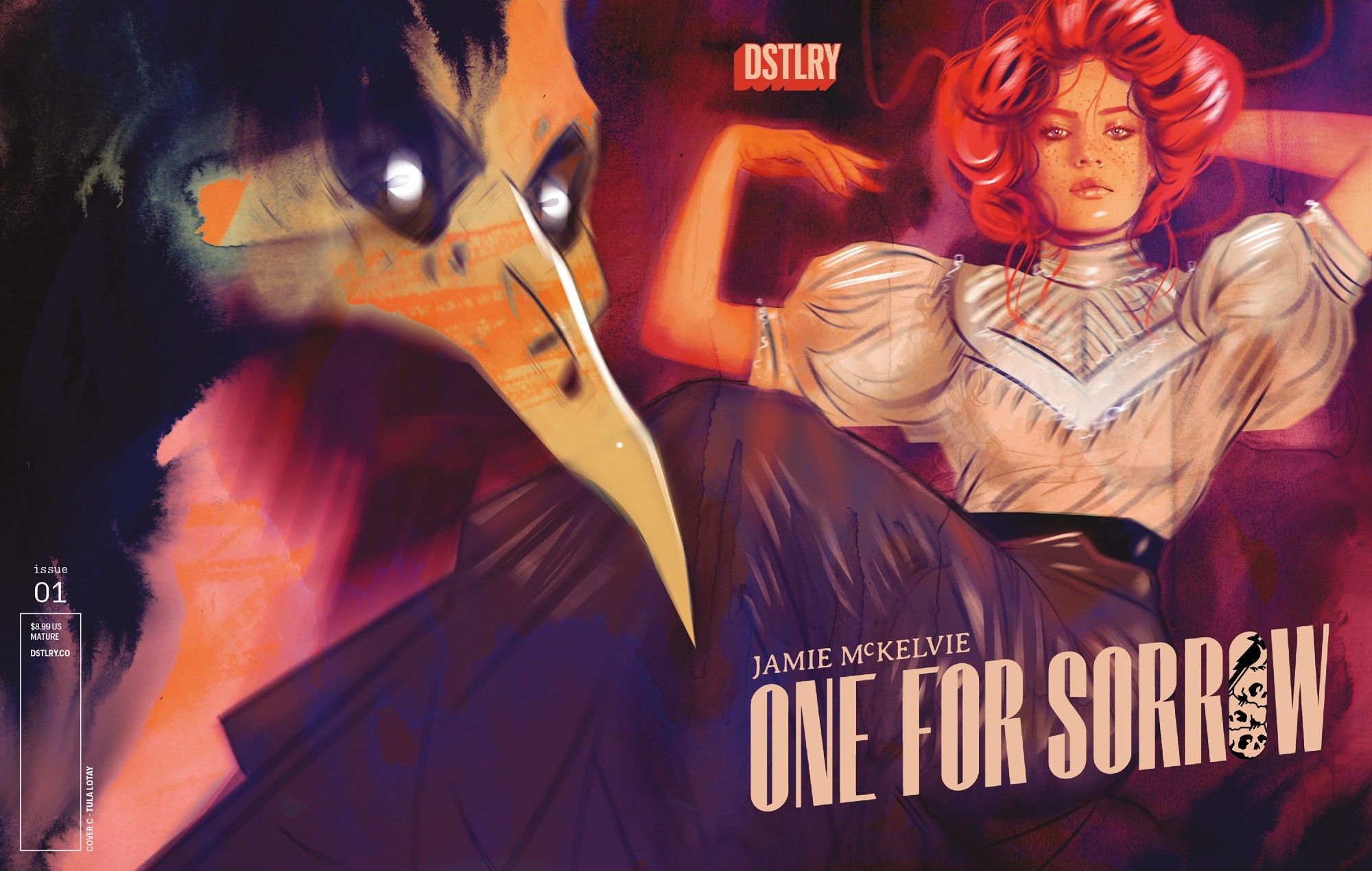 Variant cover C for ONE FOR SORROW #1 by Tula Lotay. The cover features lead character Bess Turner, a 20-something woman with red hair styled in an Edwardian-era pompadour. The creepy bird skull mask of the Magpie looms over the image, eyes glowing.