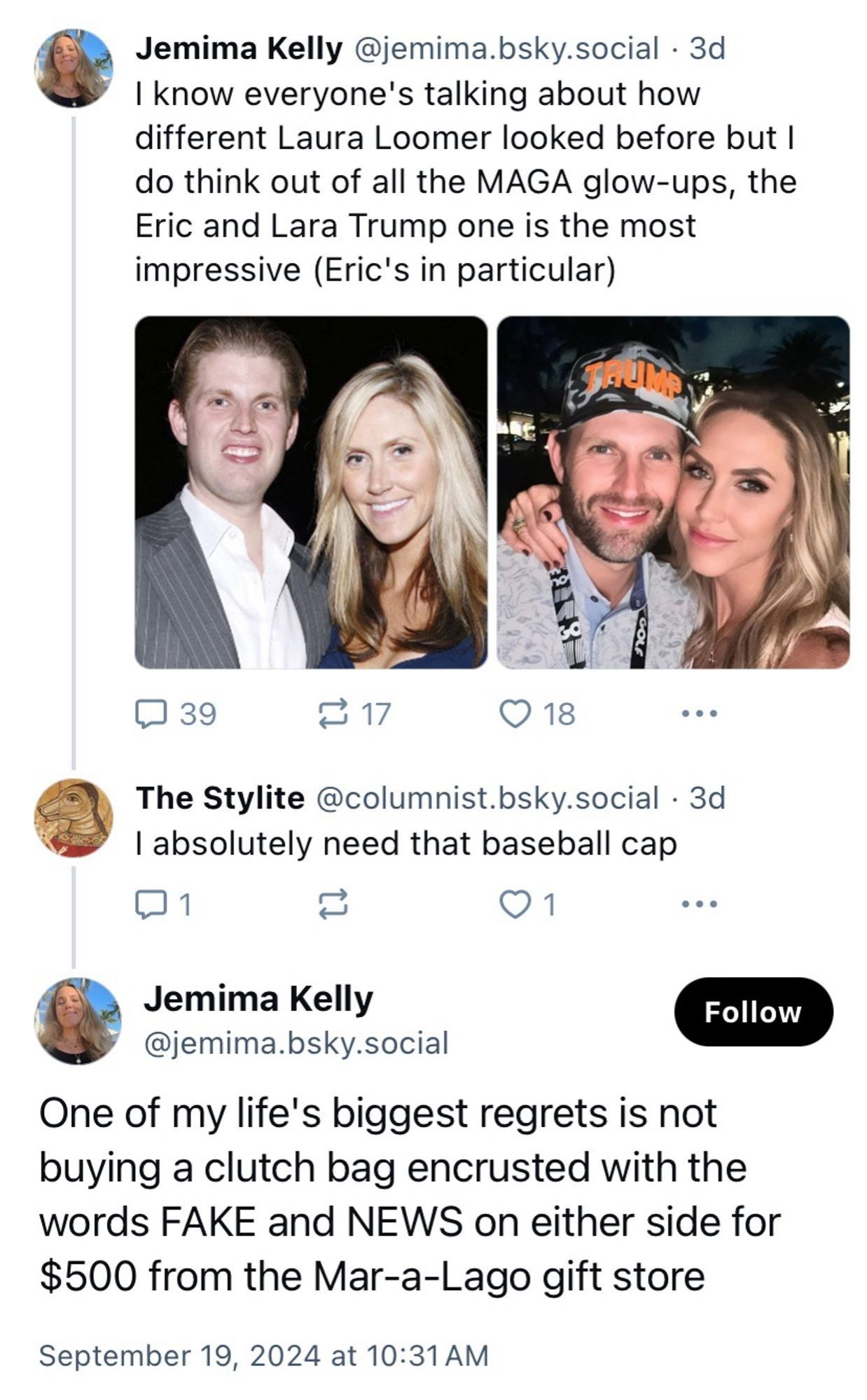 Screenshots of "bluesky is an echo chamber" article author Jemima Kelly posting about the Trumps getting "glow-ups" and then saying she regrets not buying a "fake news" clutch bag from Mar-a-Lago