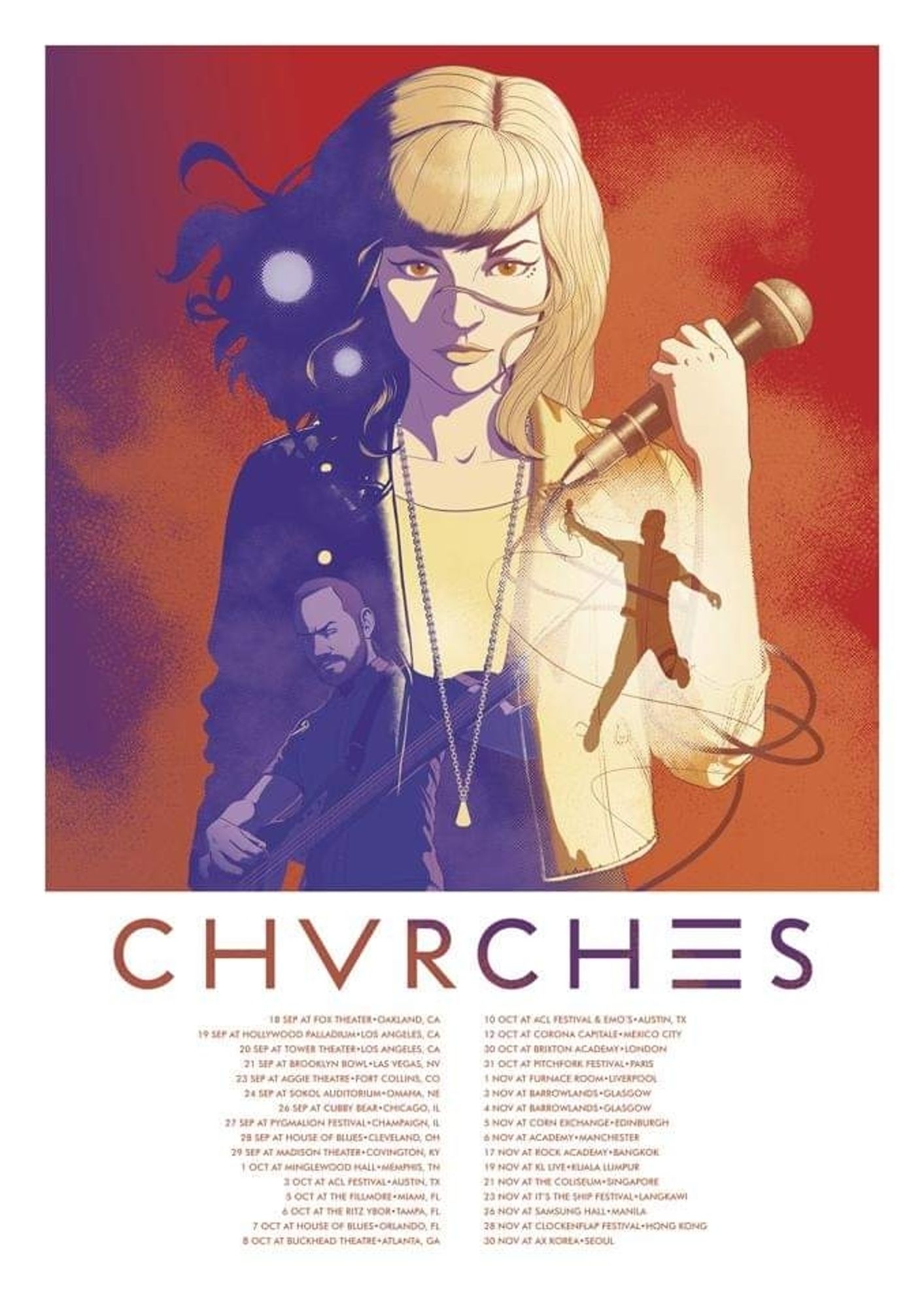 A tour poster for the band Chvrches. Lauren from the band is standing in front of a red background with swirling smoke, and holding a microphone. The light areas of her figure are coloured in warm yellows, and the shadows in purple. Within the shadows on her figure is an image of Iain from the band playing bass. In the light areas of her figure is a silhouette of Martin from the band dancing.