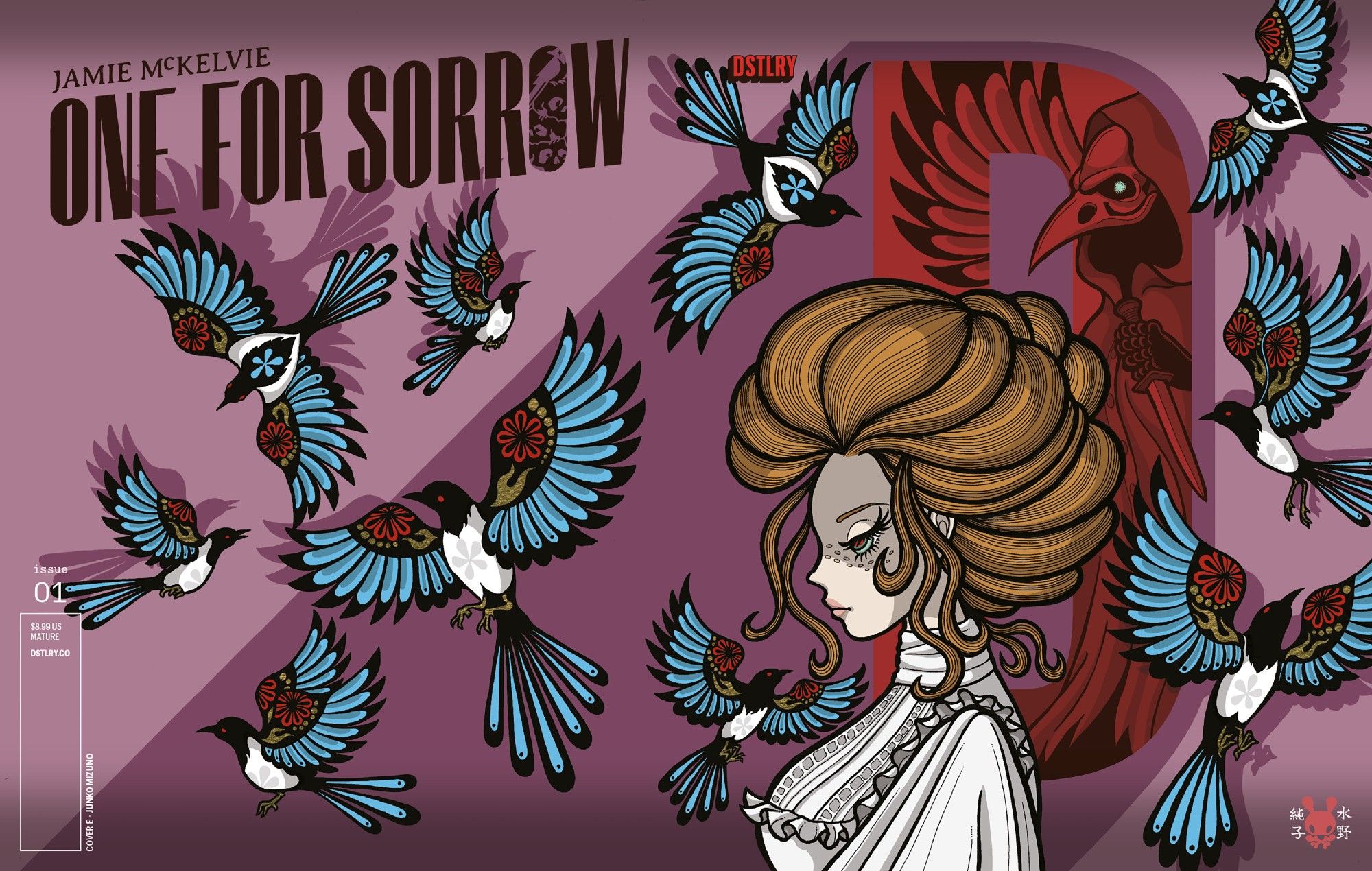 Variant cover E for ONE FOR SORROW #1 by Junko Mizuno. Bess is shown in profile, surrounded by stylised magpies. Behind her in a large Dstlry D logo, in which we can see the masked and hooded figure of The Magpie.