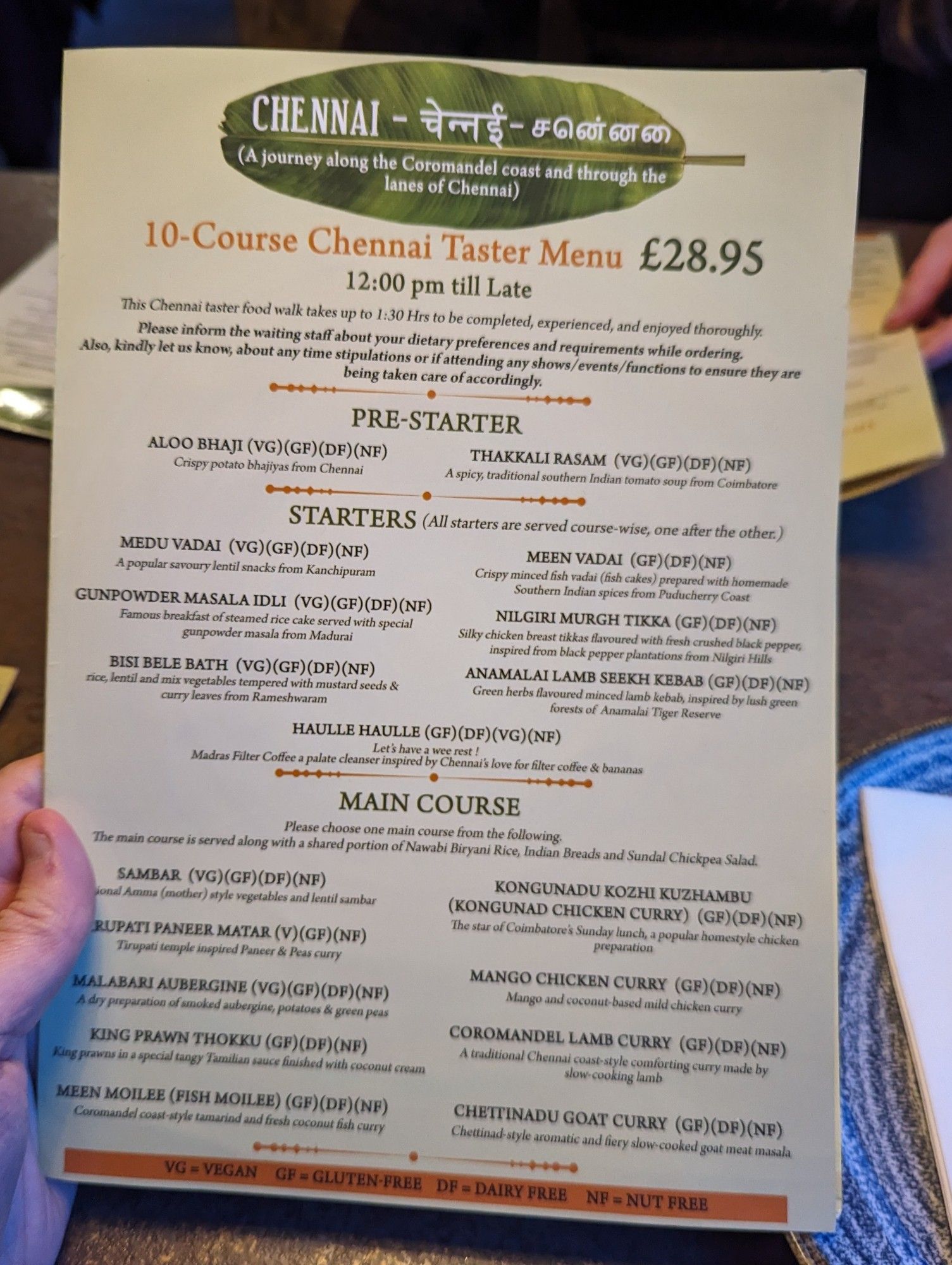 A photo of the Dhoom evening taster menu. At the moment it's focused on Chennai. 10 courses are £28.95. It's a long menu so it's not gonna fit in the alt text sorry. But it's really good food.