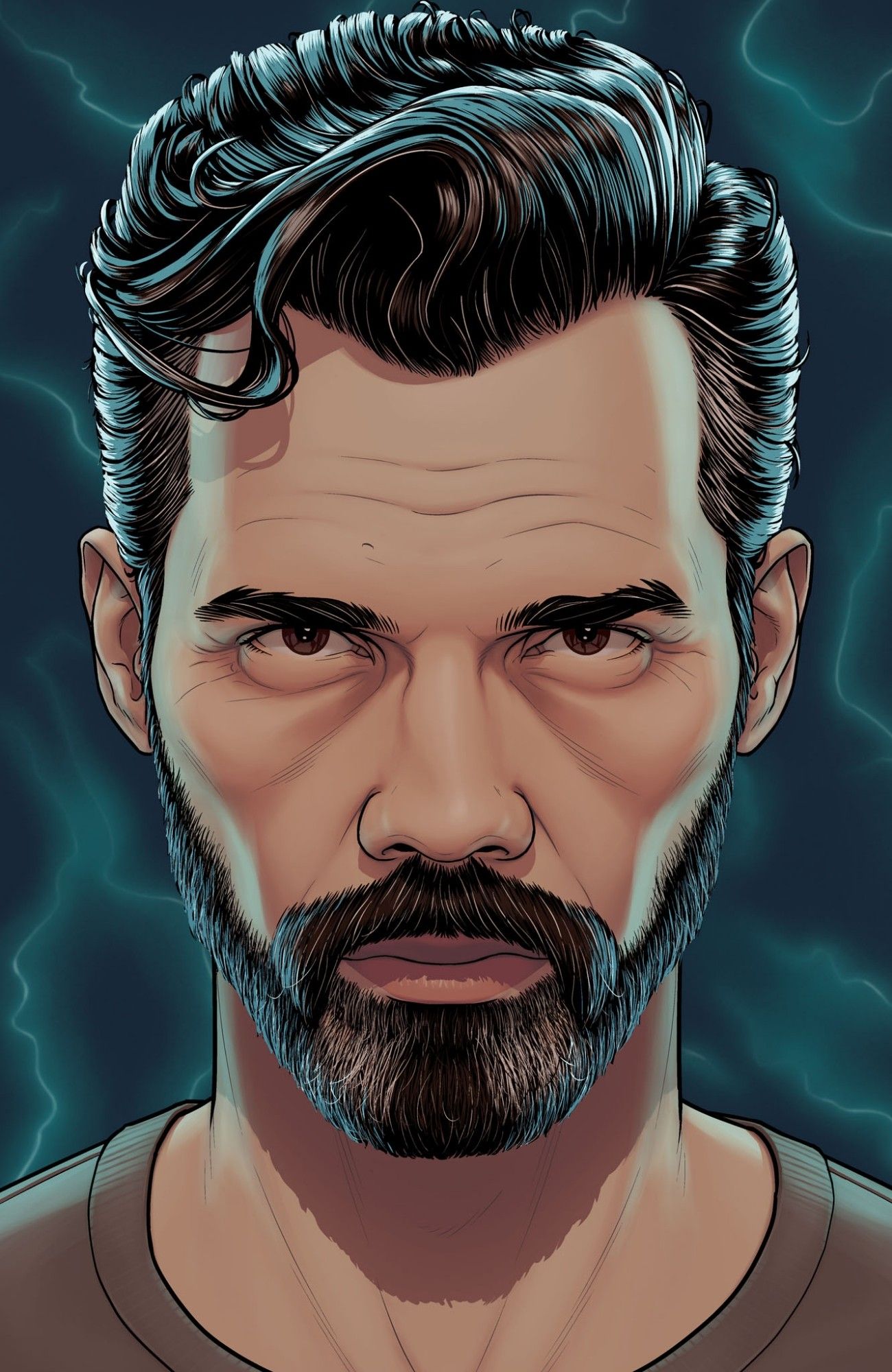 Cover drawn and coloured by me, featuring a headshot image of the character of James Holden from The Expanse. In the background is the Ring Space dimension, swirls of blue and green giving some back light to his head and shoulders. He looks older than we last saw him, with grey hairs starting to appear in his beard and hair.