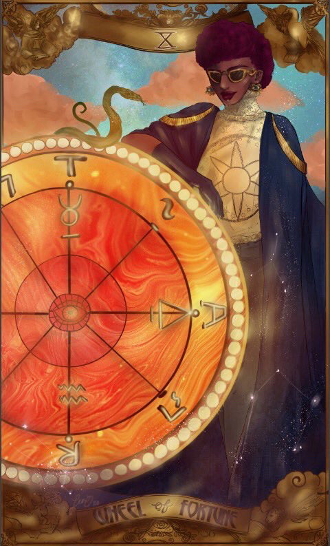 A digital illustration of a person wearing long robes leaning on a glowing wheel. On top of the wheel is a snake. The background is pink clouds against blue skies. The whole perimeter of the illustration is bordered with gold. 