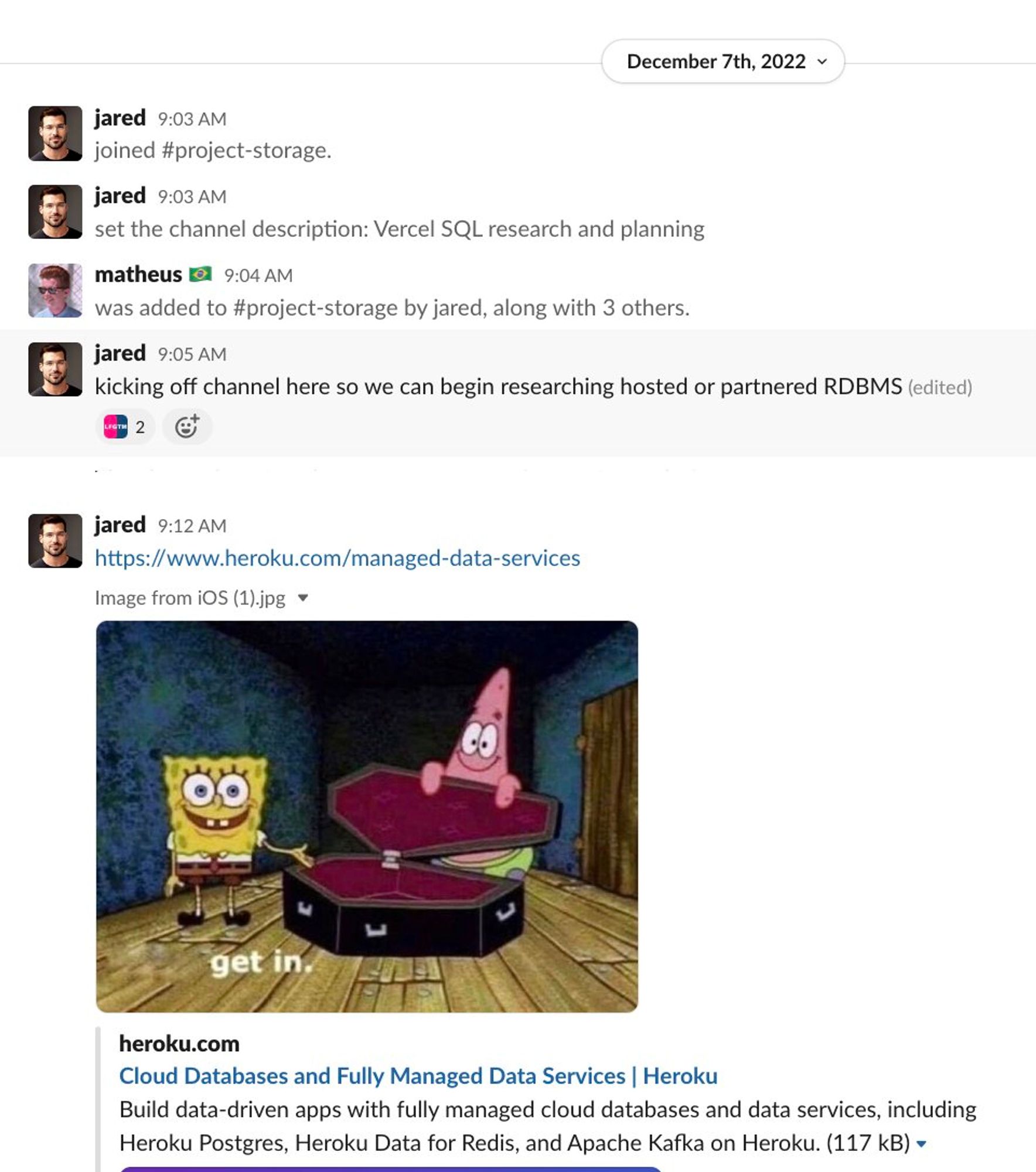 Slack thread showing project kickoff