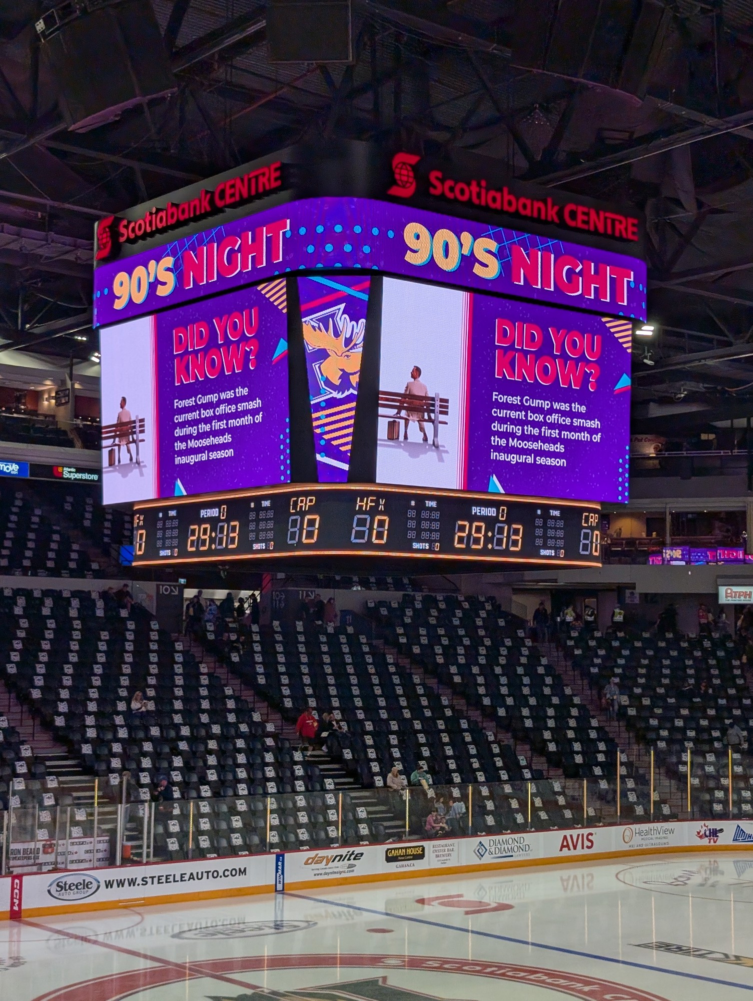 Scoreboard for Mooseheads 90s night with numbers that look very digital-style.