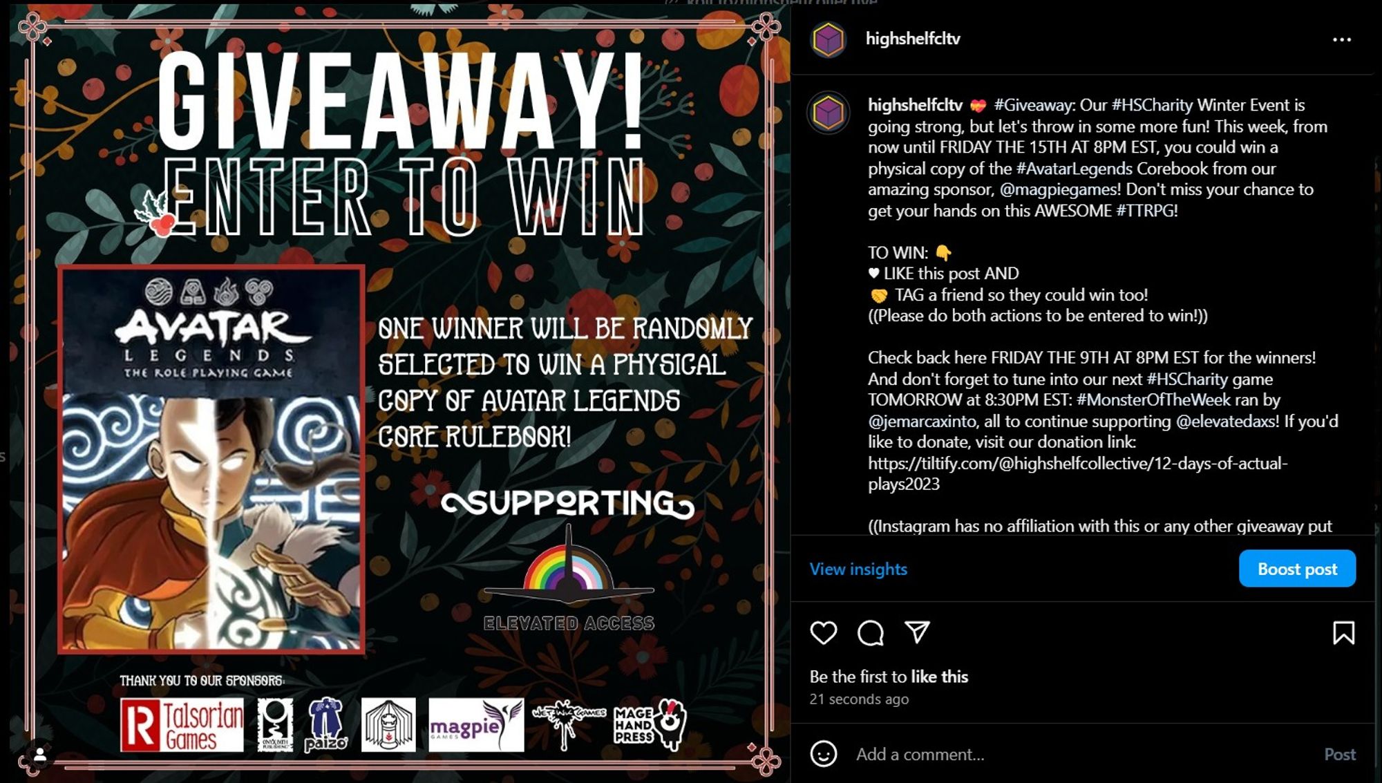 Screenshot of Instagram HSCharity Winter Event giveaway - Giving away a physical copy of 'Avatar Legends' from Magpie Games