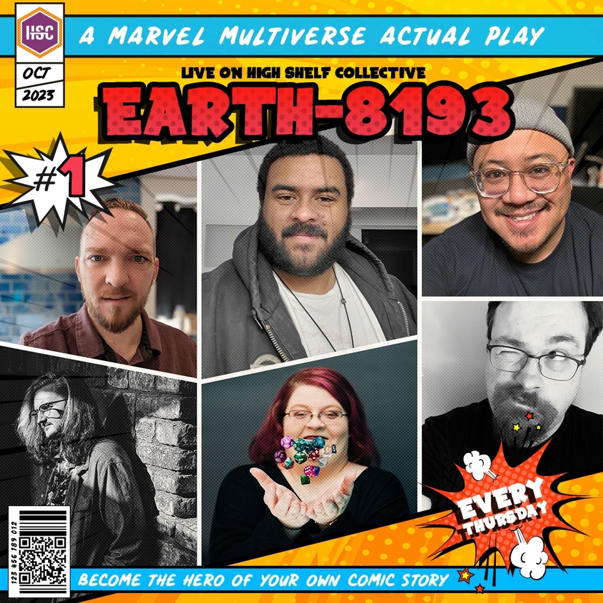 Comic book style promo image with our 6 cast head shots - Earth-8193