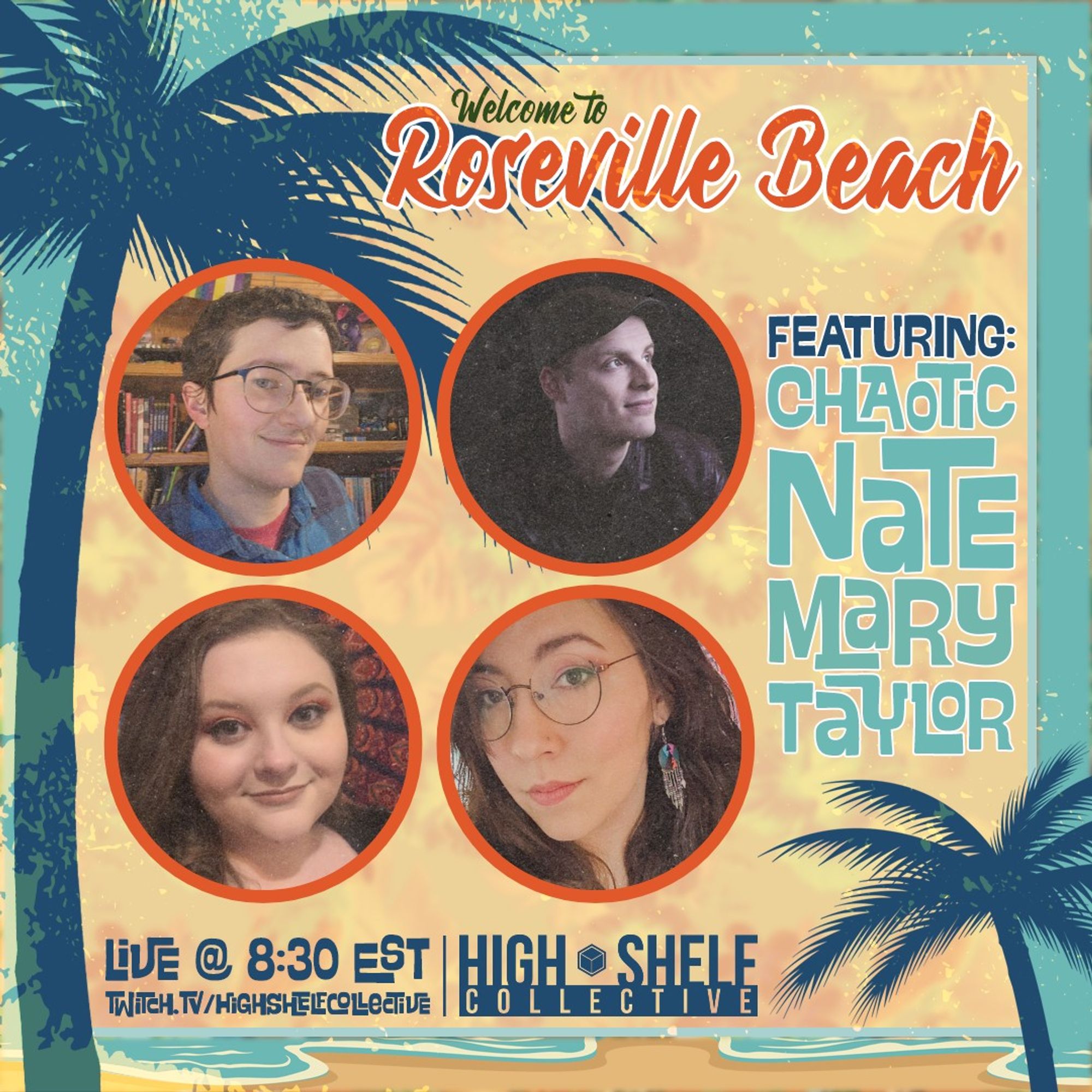 'Moonlight on Roseville Beach' two-shot promo - beach postcard themed background with cast headshots in front