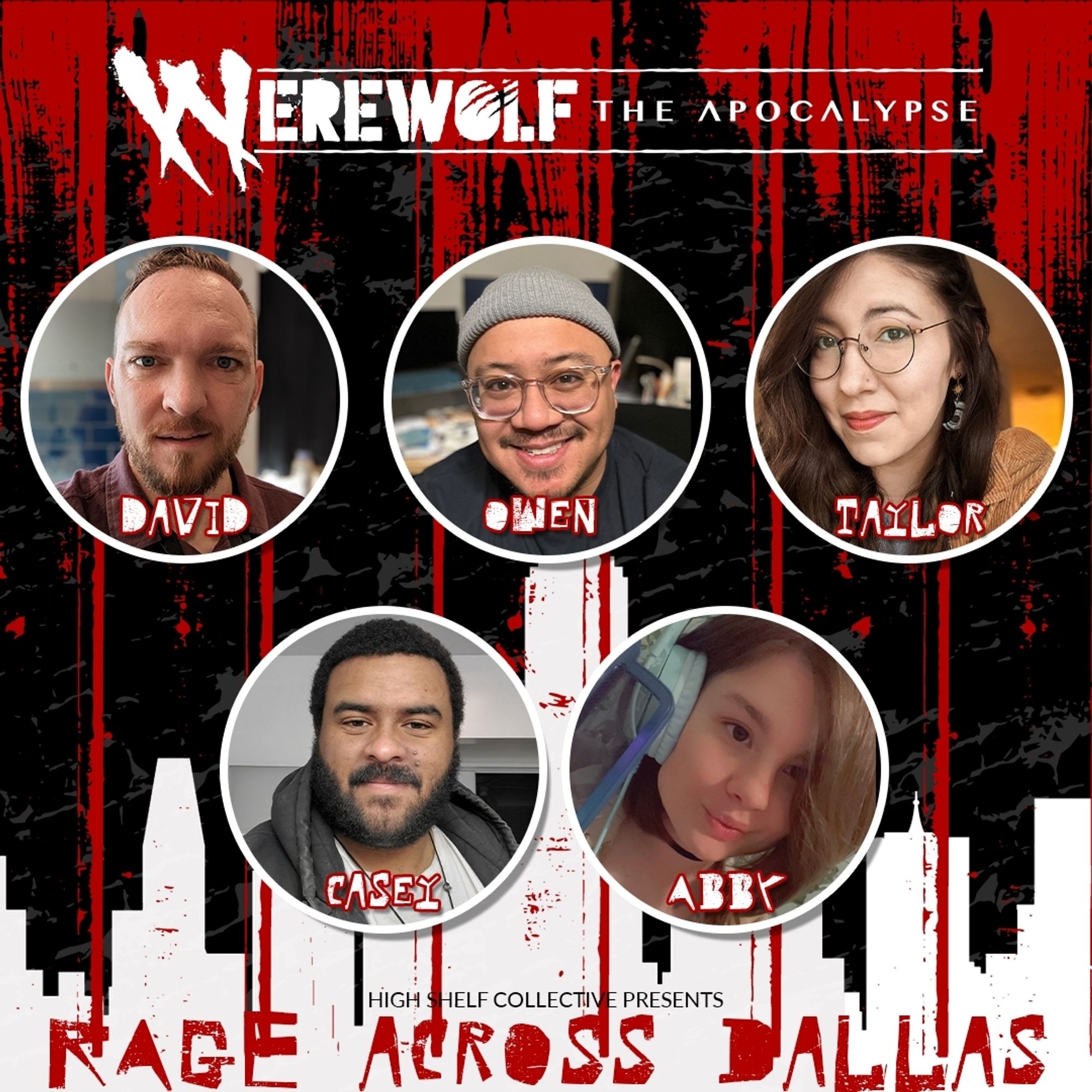 Rage Across Dallas promo - skyline with blood spilling down and cast headshots in foreground