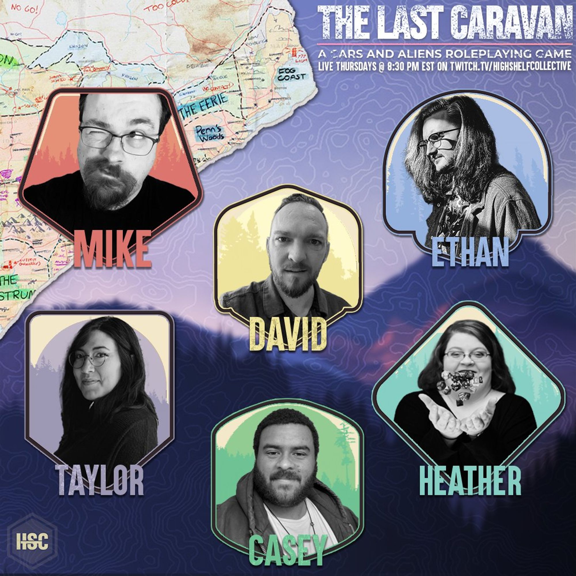 The Last Caravan promo - cast headshots in front of background with map and mountains.