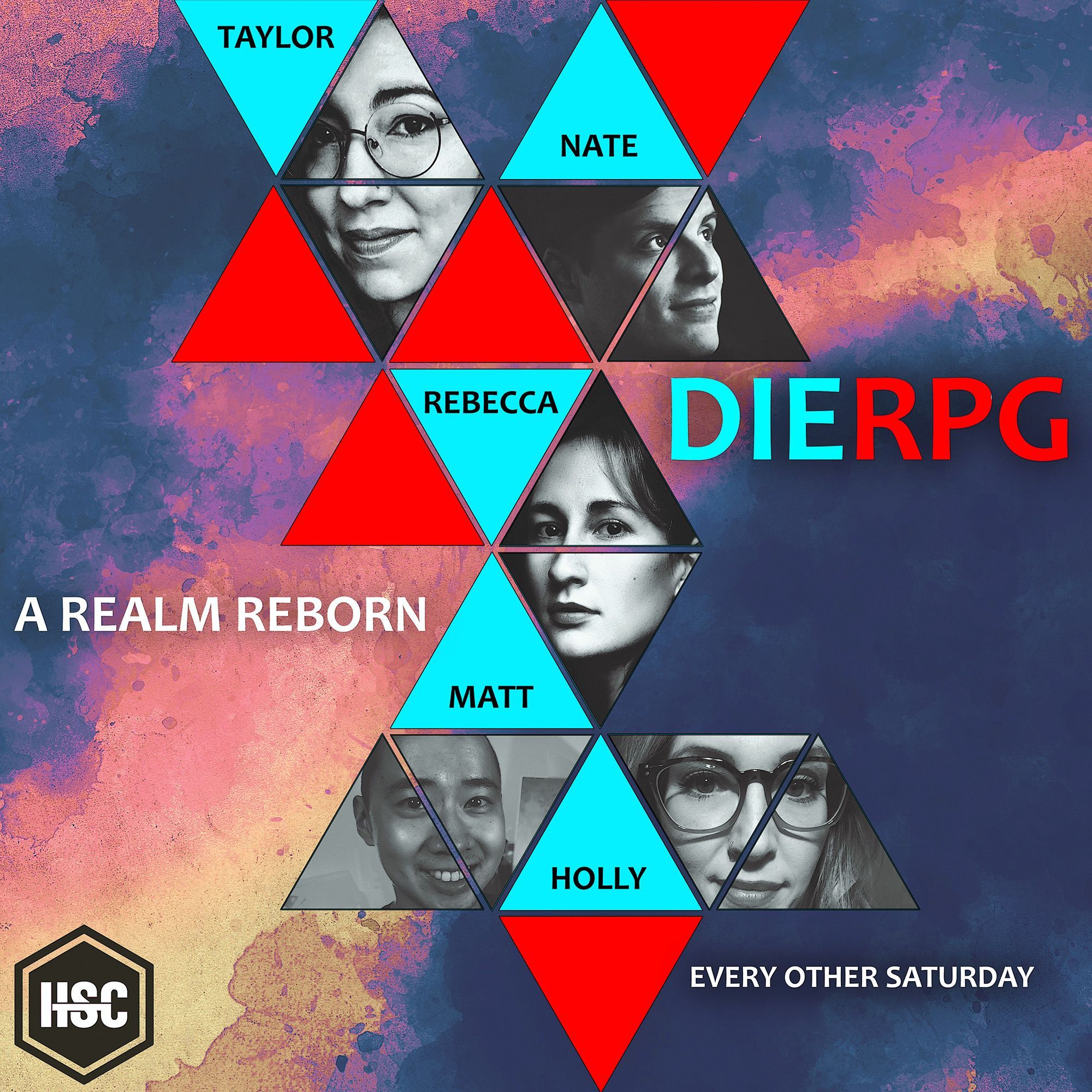 DIERPG, A Realm Reborn promo - sunset background with headshots of the cast in the foreground, surrounded by blue and red triangles