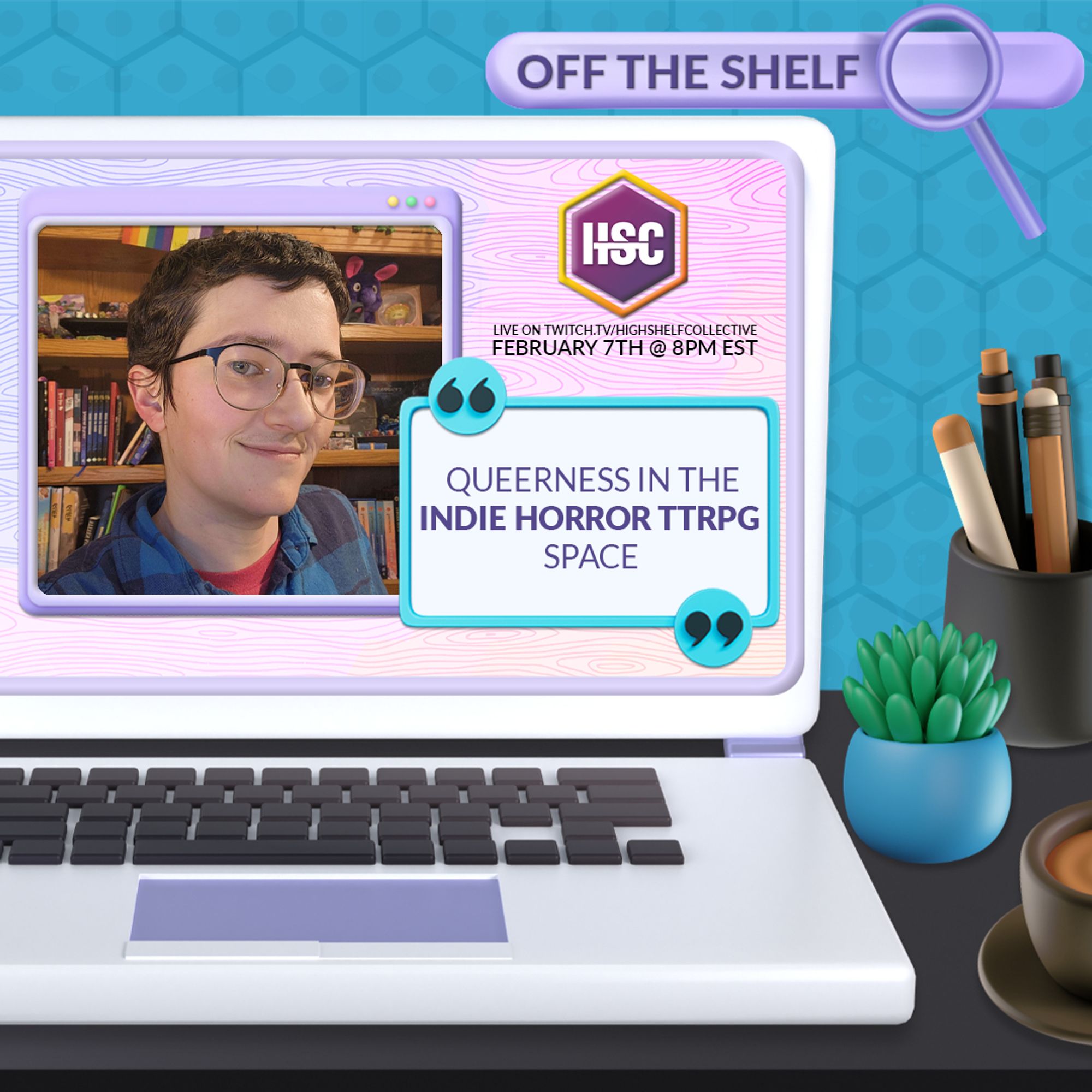 Off the Shelf promo: Chaotic Spotlight- Computer on desk with blue background. Chaotic's headshot with presentation title: "Queerness in the Indie Horror TTRPG Space"