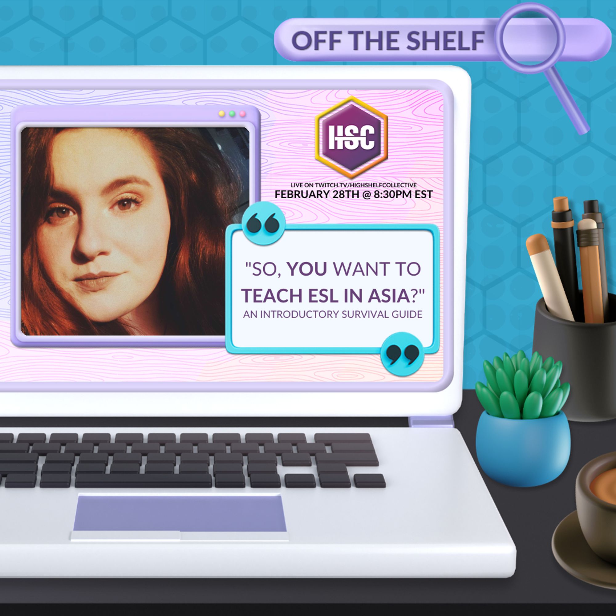 Off The Shelf Promo - Blair. Headshot and info on computer screen on a desk with a blue background.