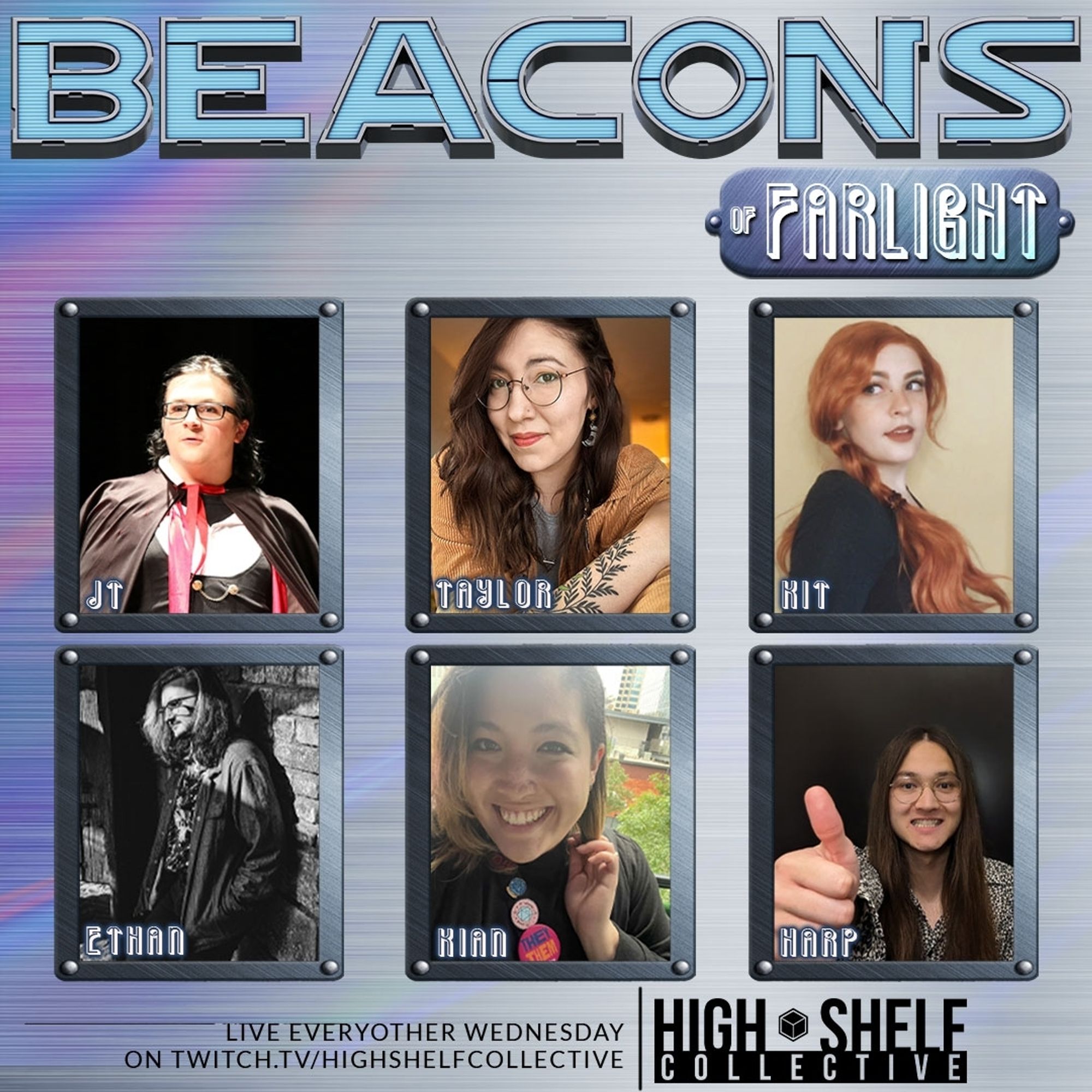 Beacons of Farlight - Arc 3 promo. Silver background with cast headshots in front.