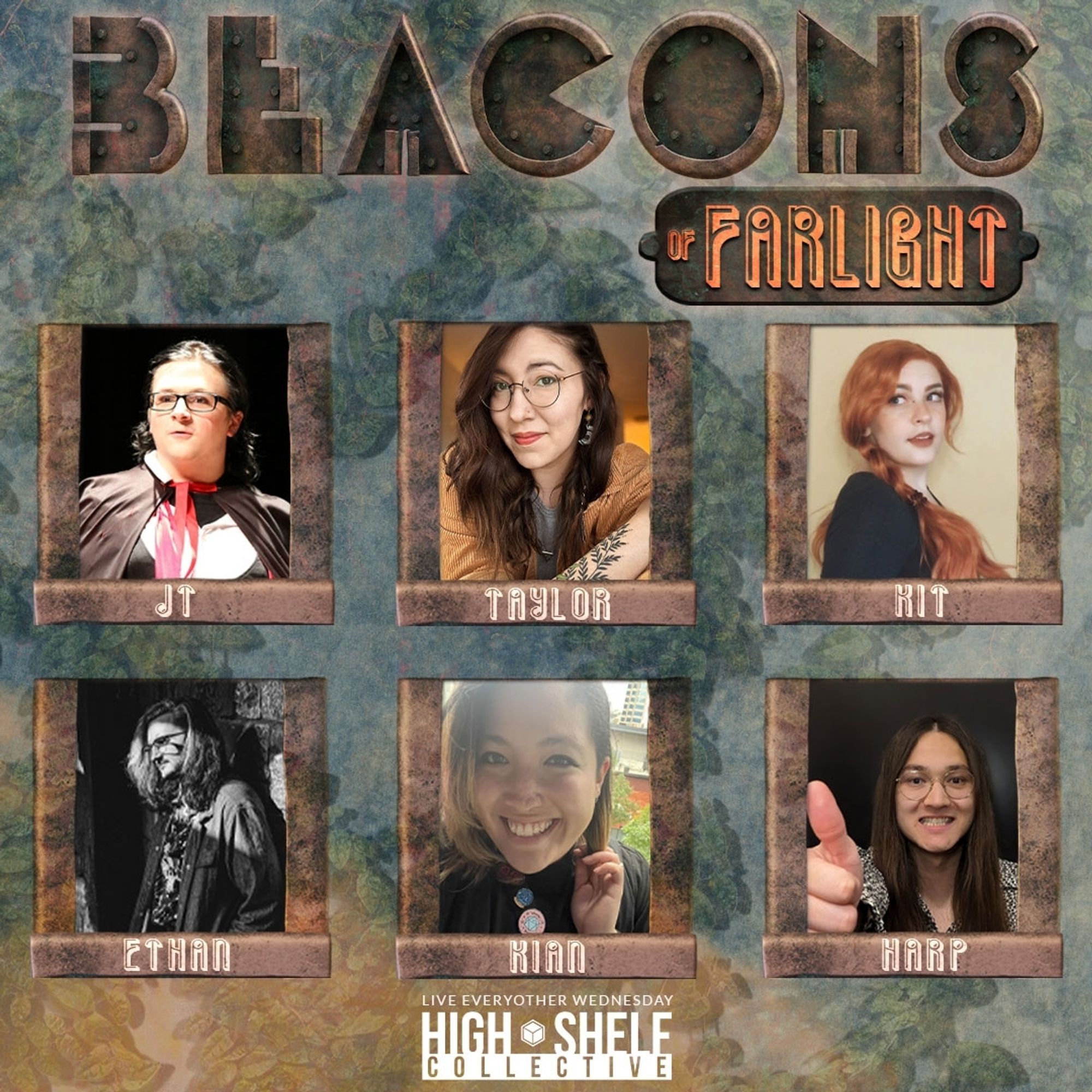 Beacons of Farlight promo - 6 headshots surrounded by a steampunk theme, rusty and mechanical.