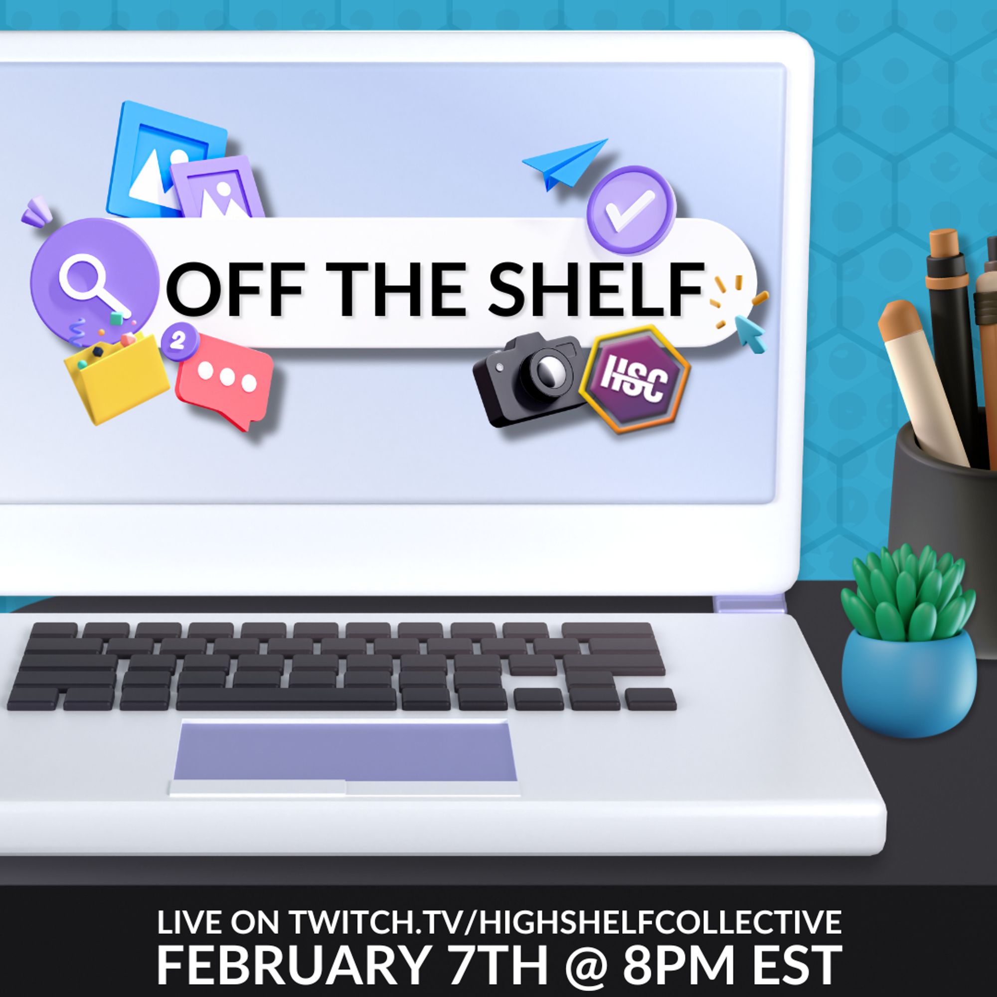 Off the Shelf promo - Computer on desk with blue background and logo on screen.