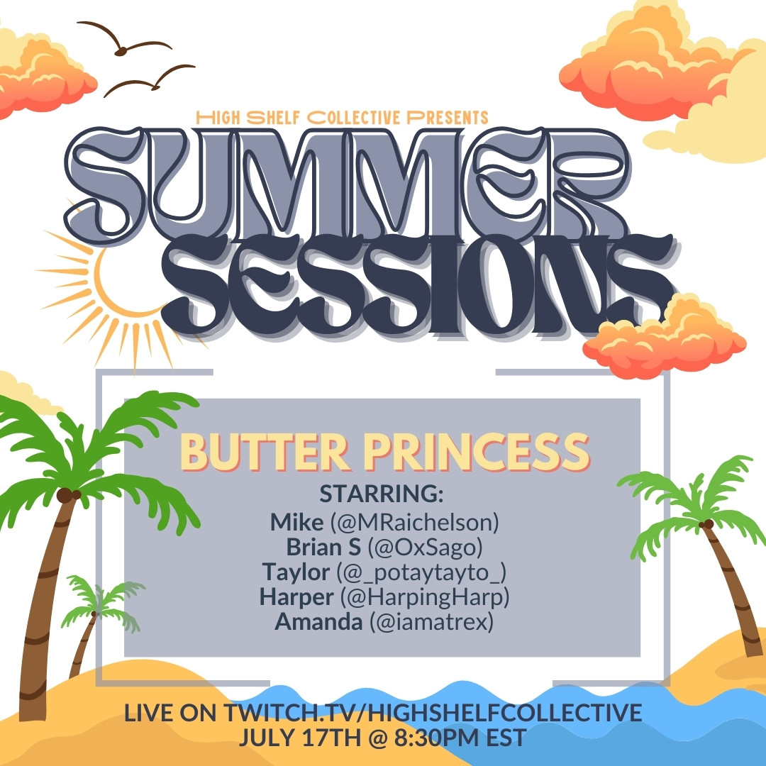 HSC Summer Series - Butter Princess promo. Cast list in front of beachy scene, with sun, clouds, palm trees, and beach