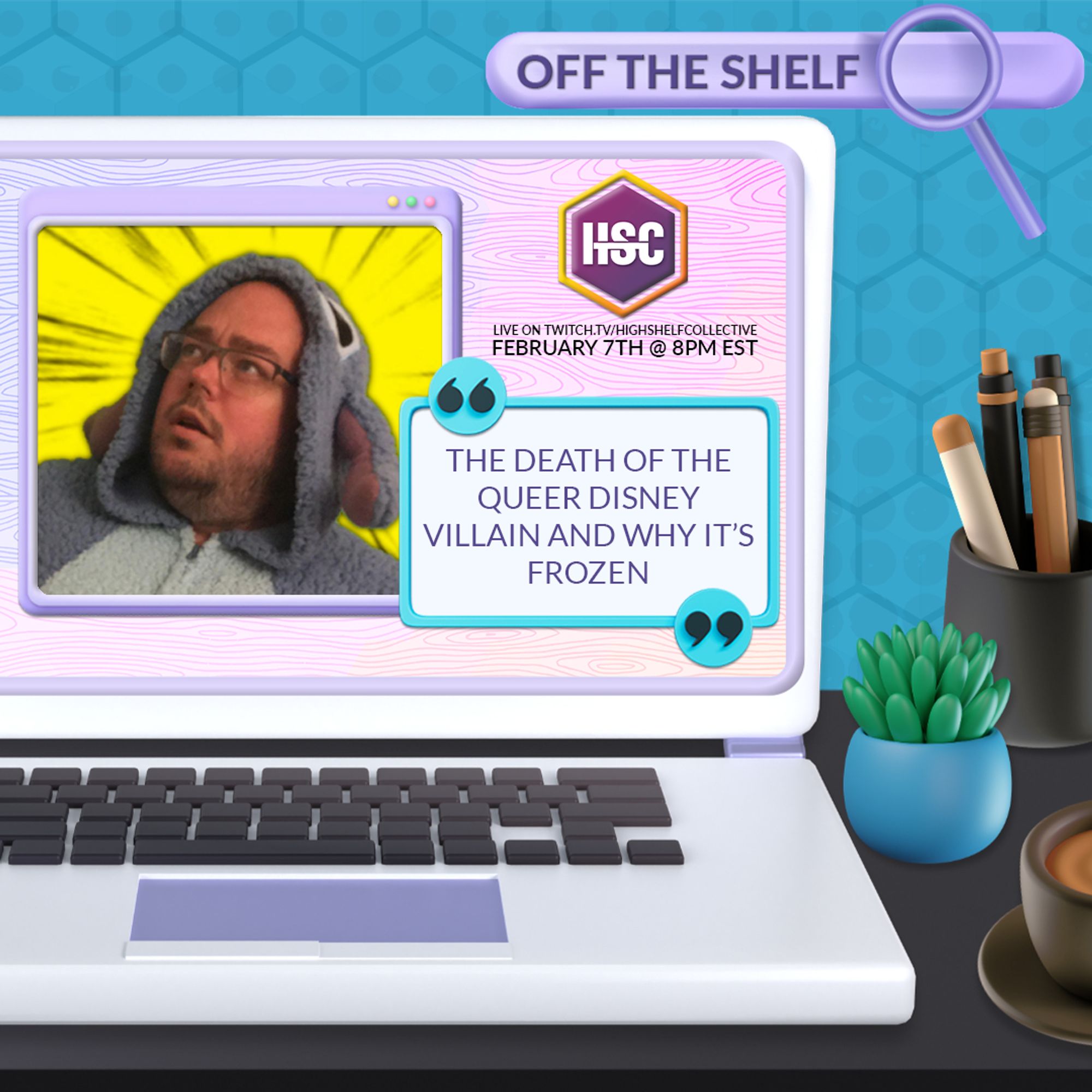 Off the Shelf promo: Bobby Spotlight- Computer on desk with blue background. Bobby's headshot with presentation title: "The Death of the Queer Disney Villain and Why it's Frozen"