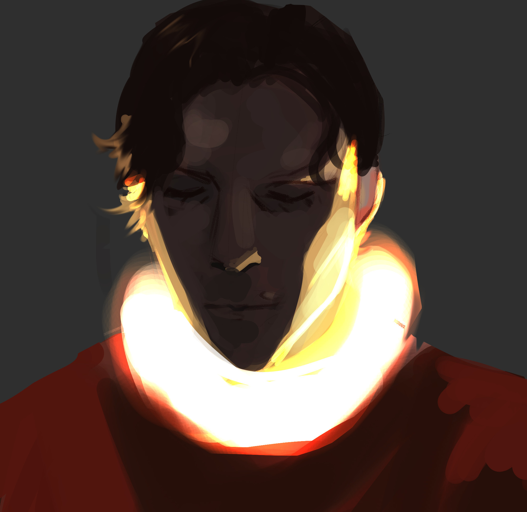 painting of jerma985 in strong light, referenced from when he got the ring light stuck around his neck